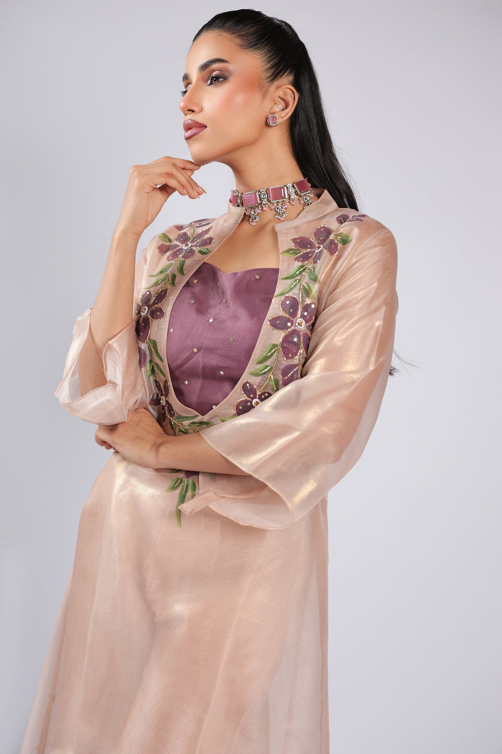 Pink Rm Suit in Organza Tissue with Floral Hand Print