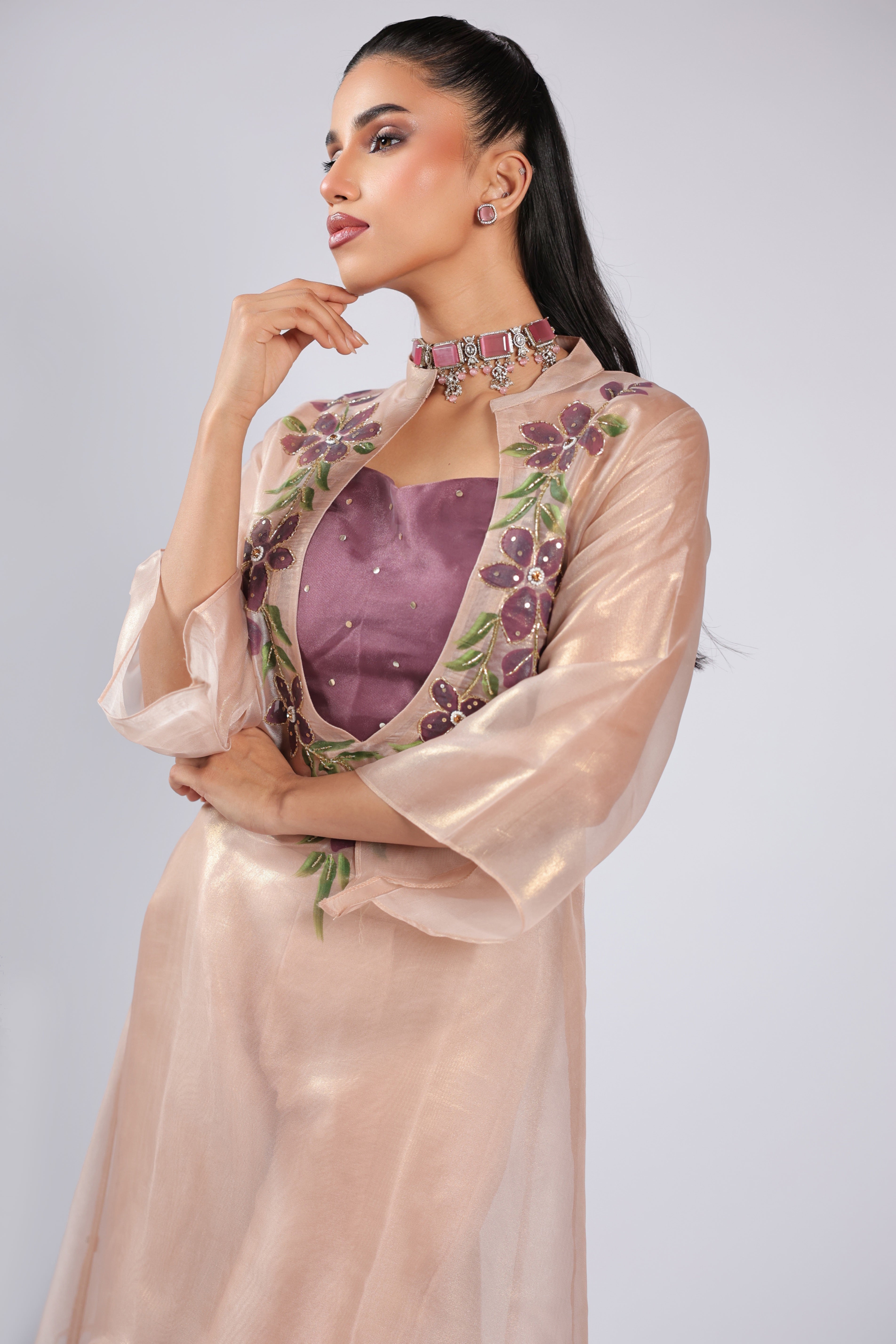 Pink Rm Suit in Organza Tissue with Floral Hand Print