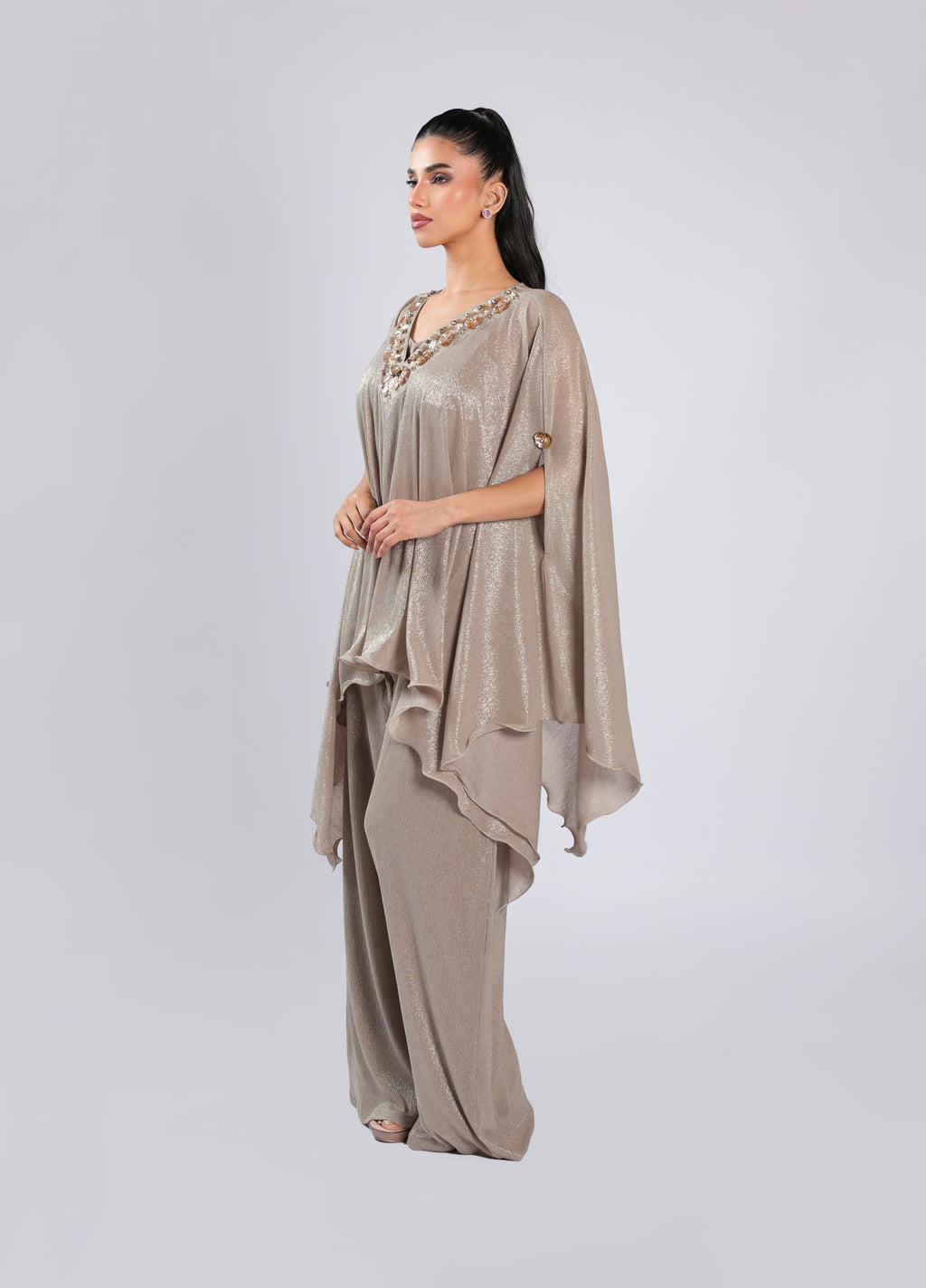Grey Cord Set in Wrinkle Georgette with 3D Sequins Flower Work