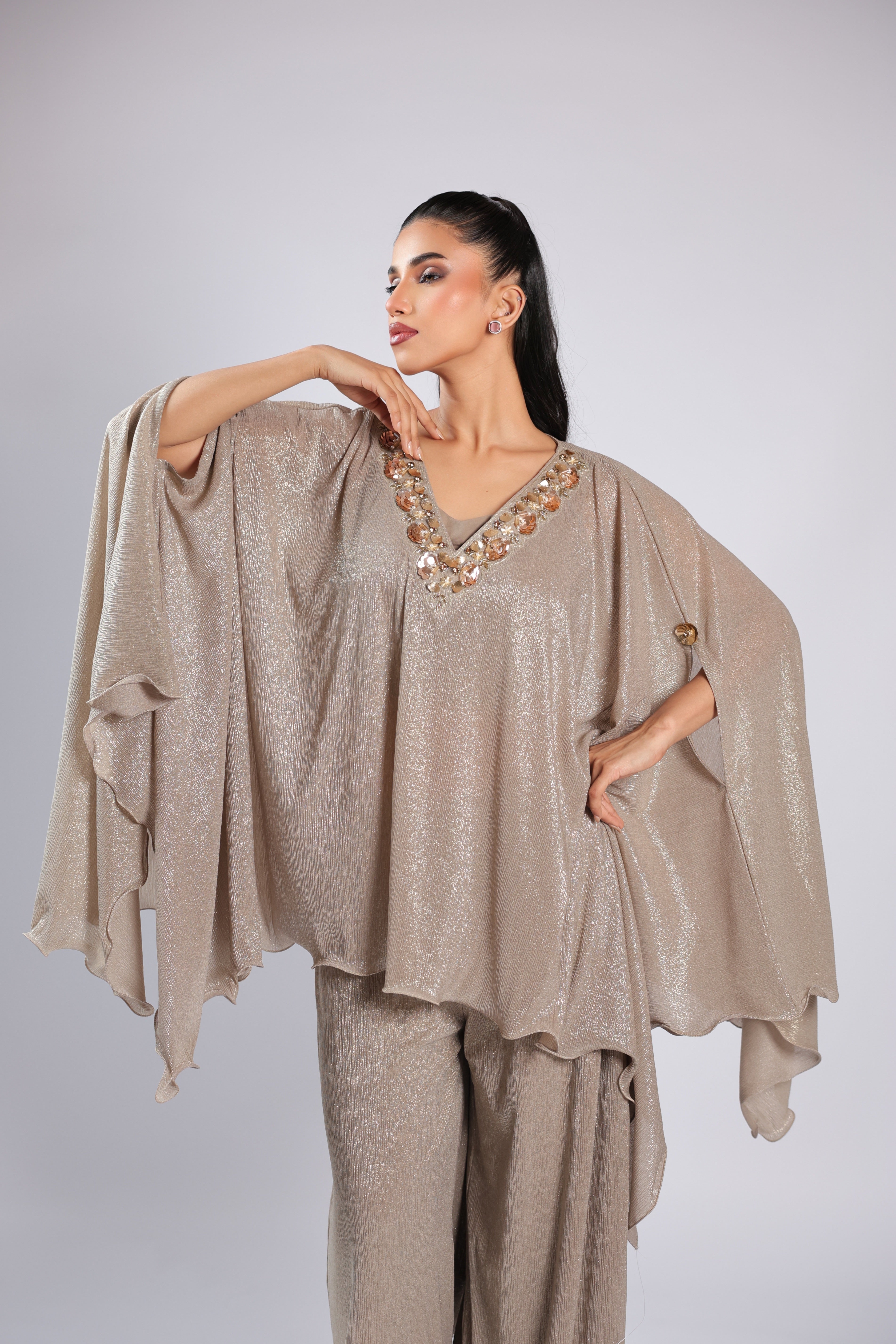 Grey Cord Set in Wrinkle Georgette with 3D Sequins Flower Work