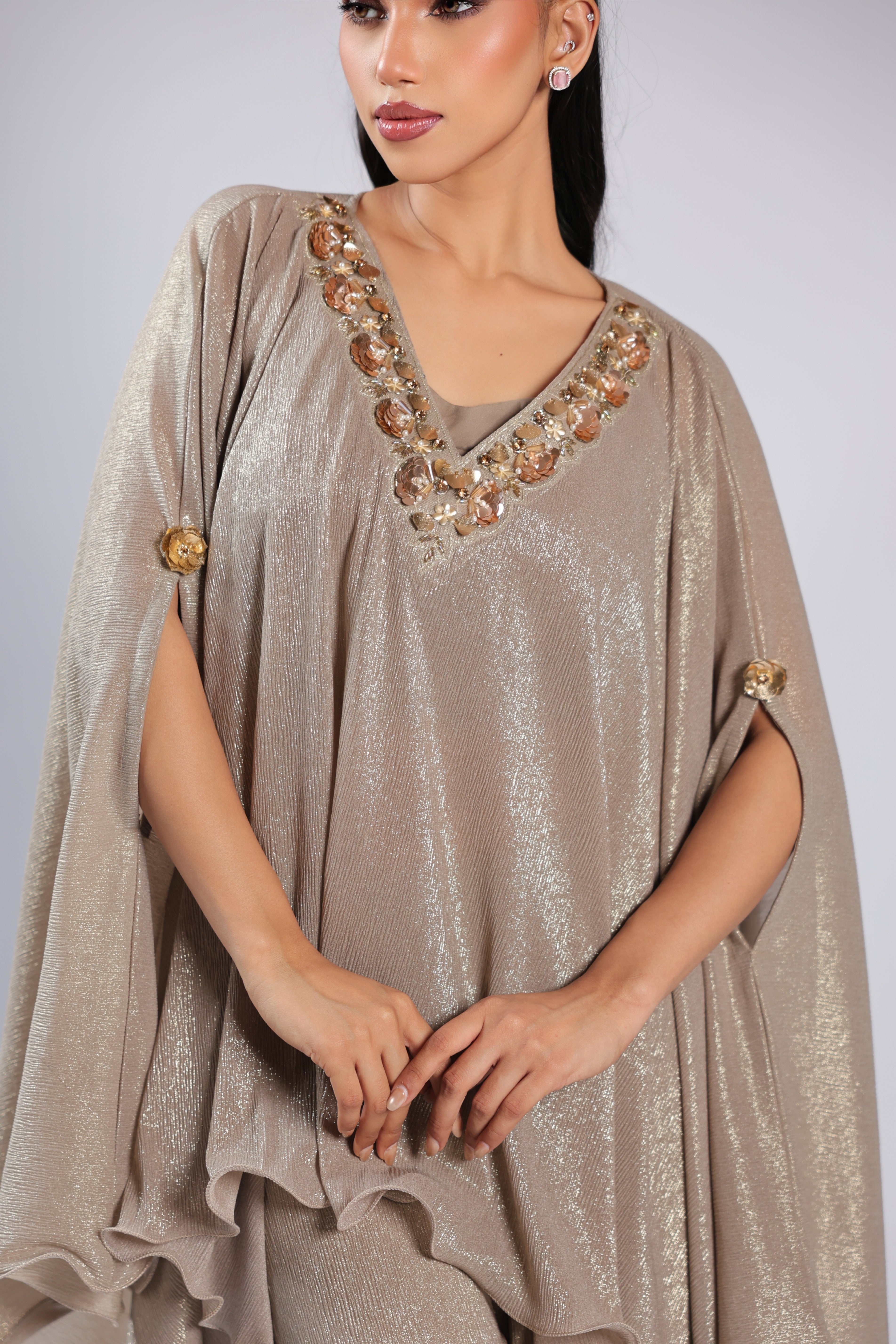 Grey Cord Set in Wrinkle Georgette with 3D Sequins Flower Work