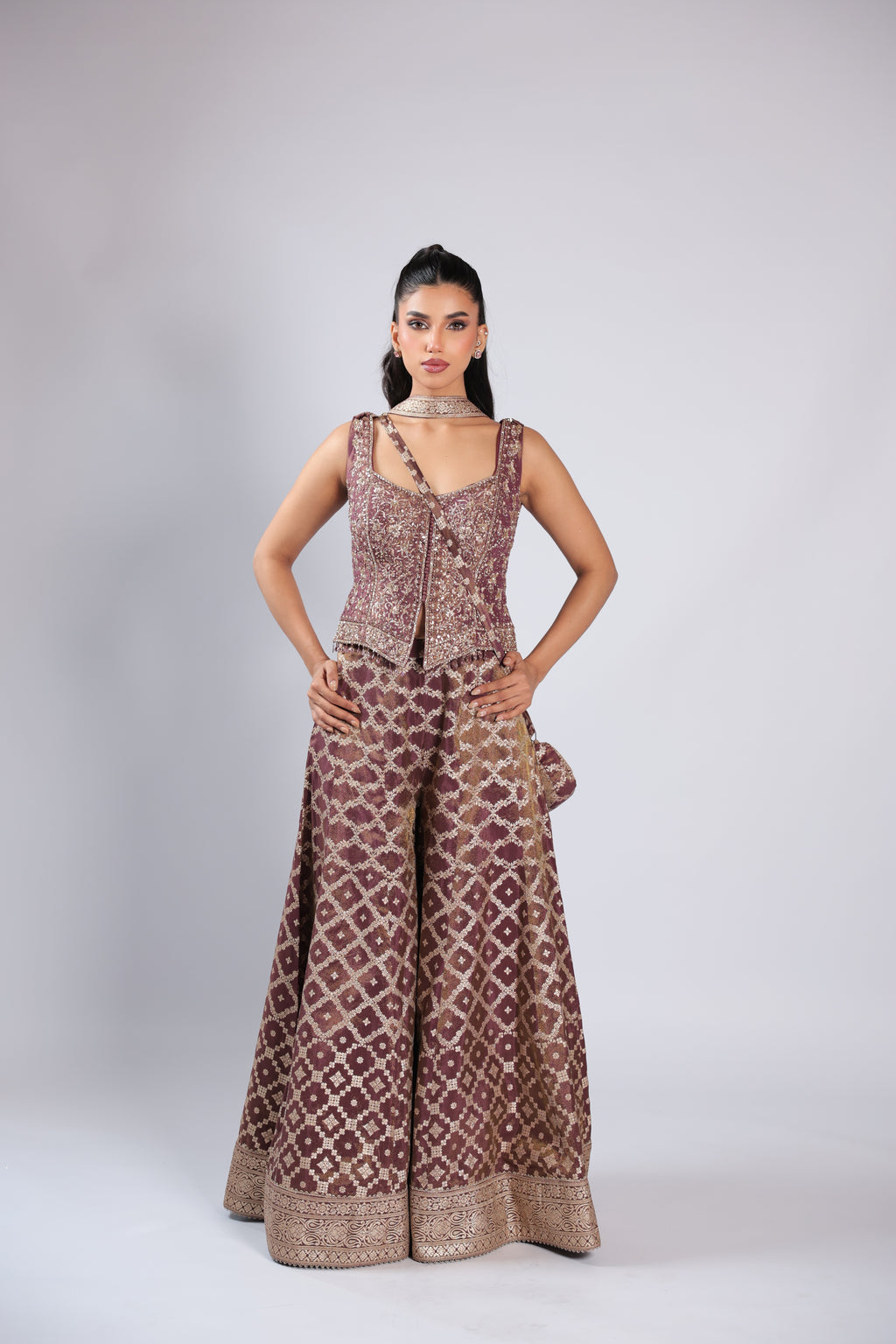 Brown Rm Plazzo Kurti in Banarsi Silk with Nakshi Zari Work