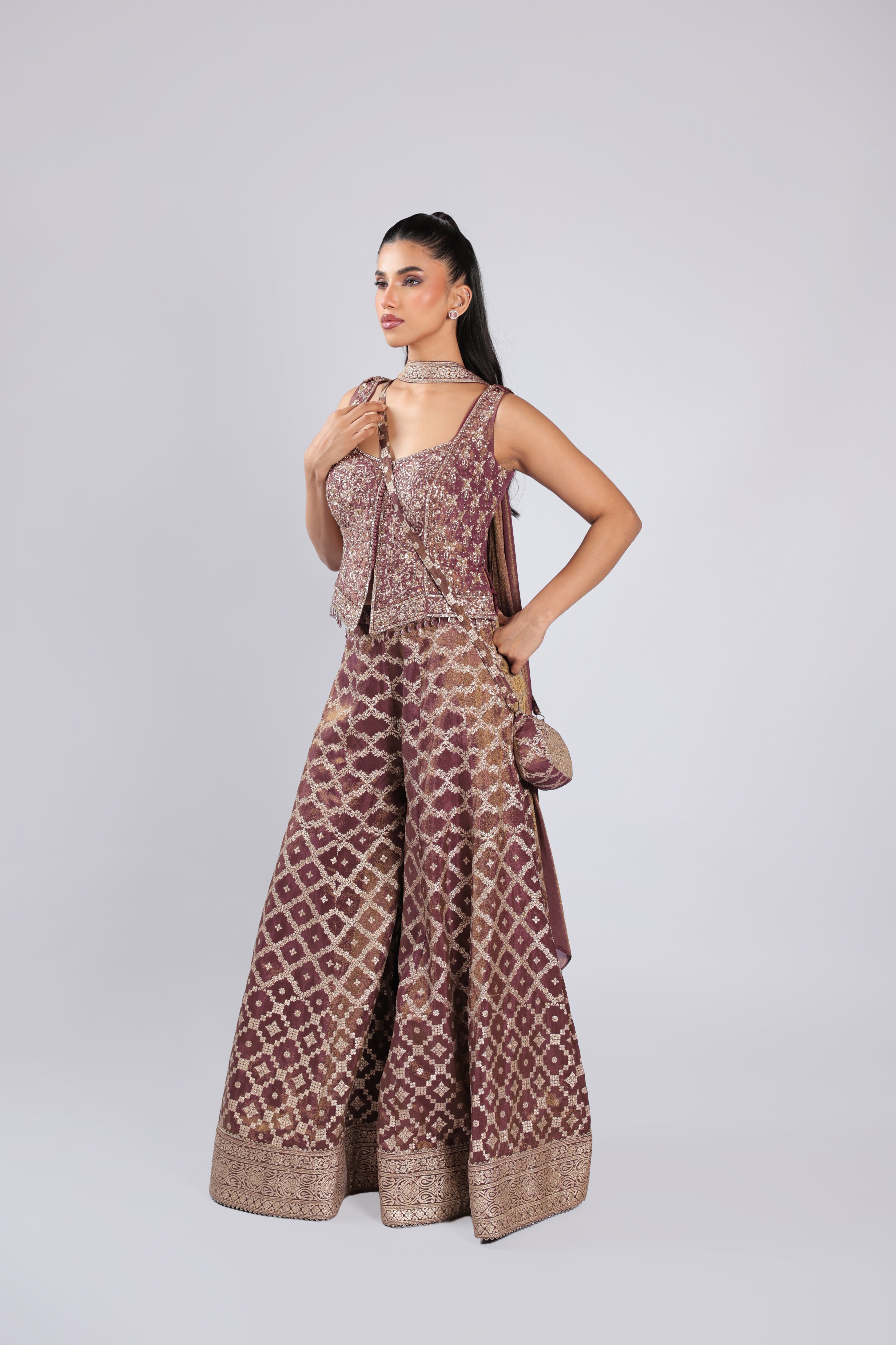 Brown Rm Plazzo Kurti in Banarsi Silk with Nakshi Zari Work