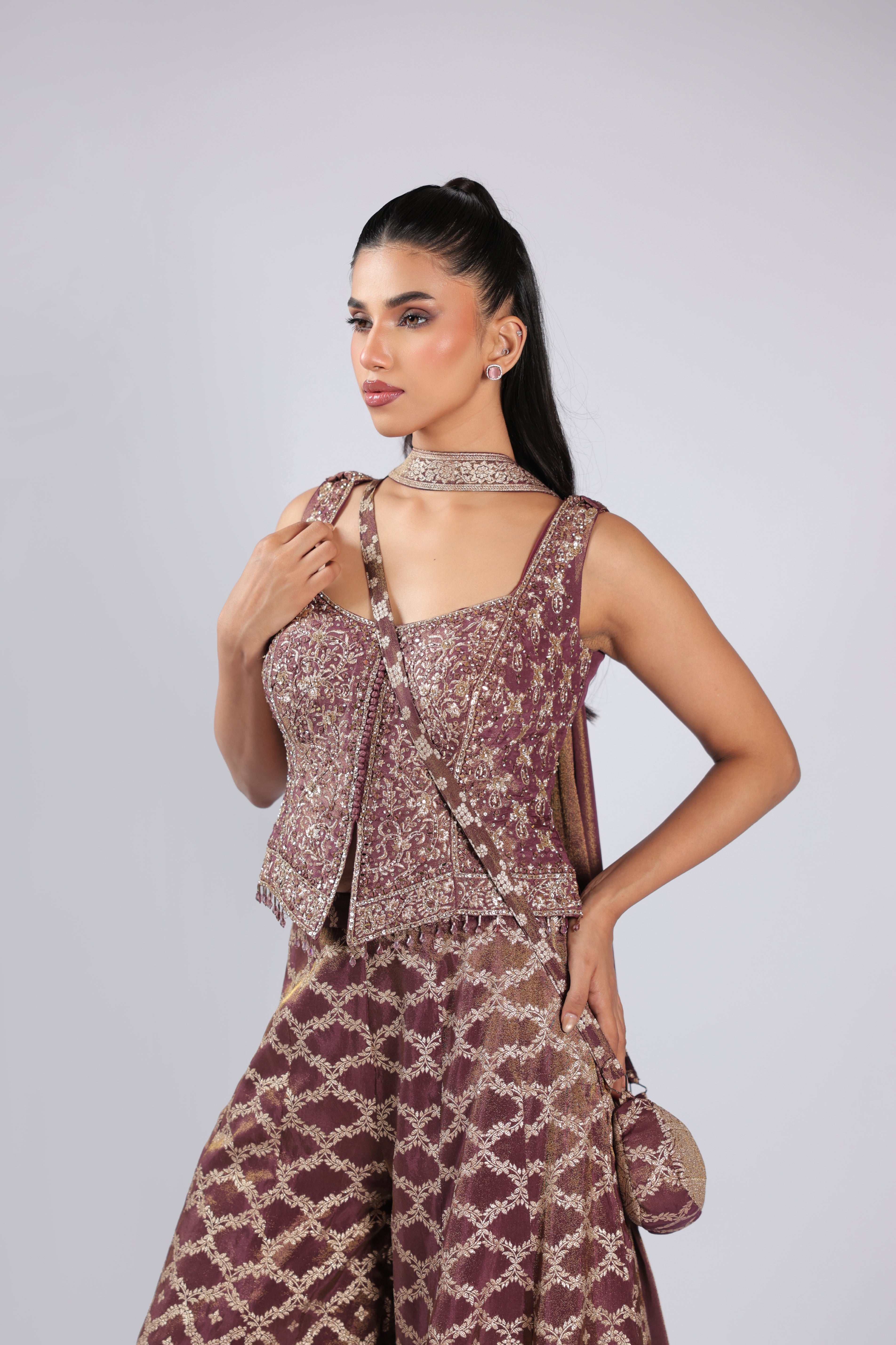 Brown Rm Plazzo Kurti in Banarsi Silk with Nakshi Zari Work