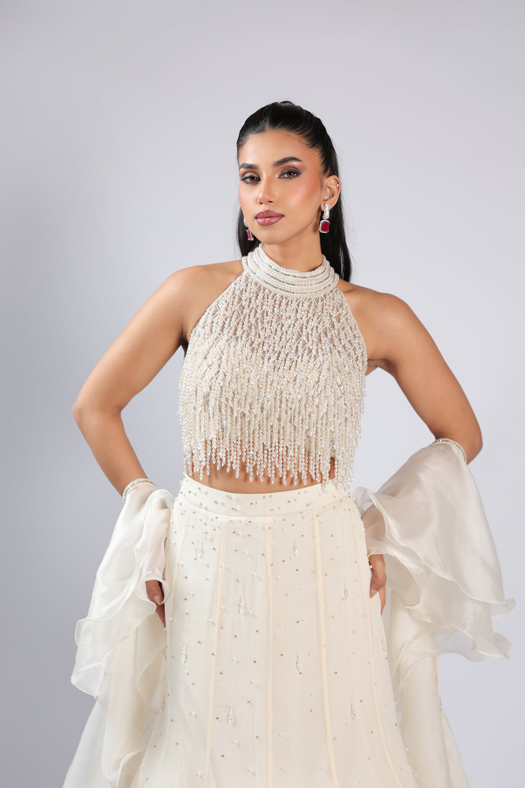 Ivory Lehenga Choli in Georgette with Pearl Work & Sequins Work