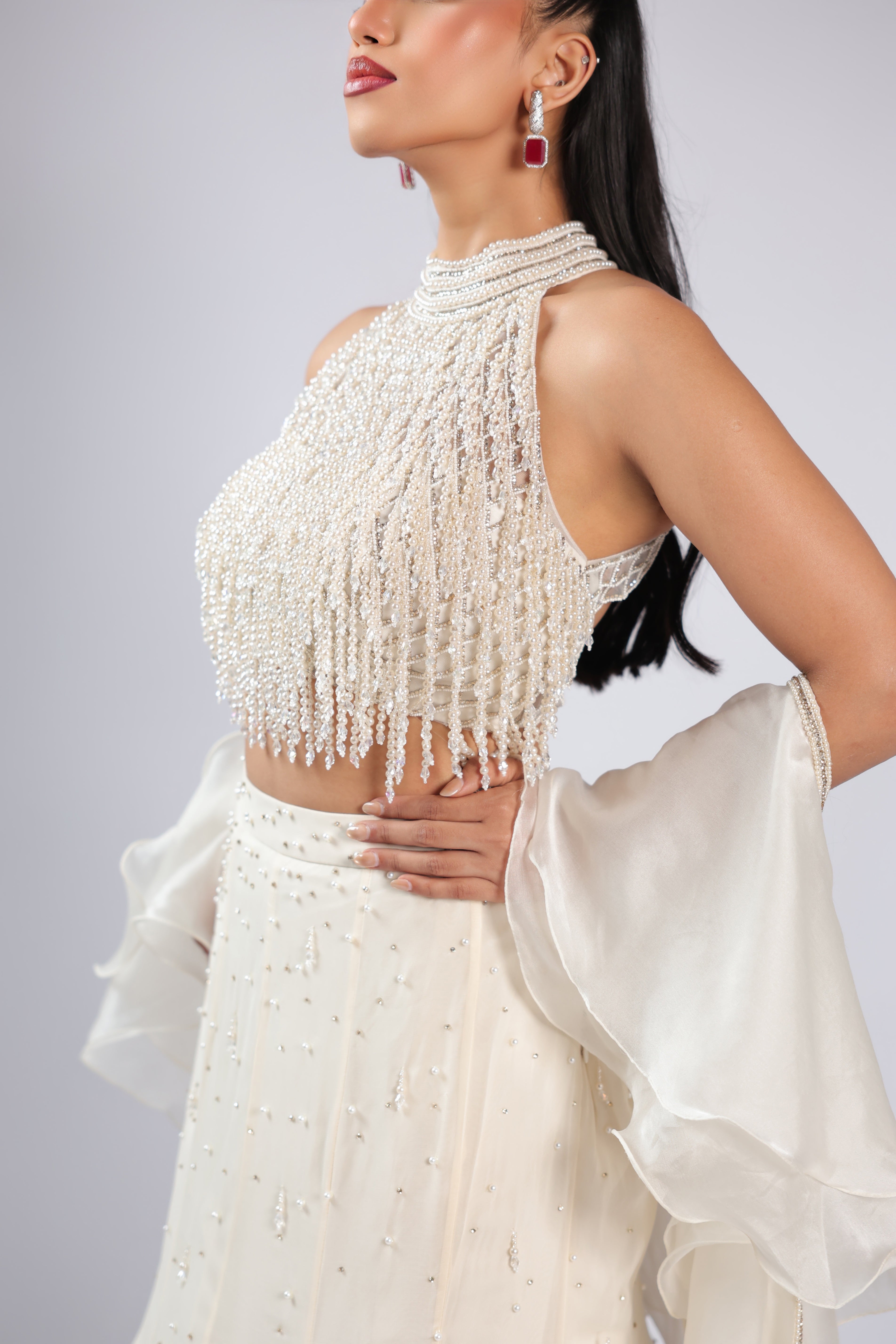 Ivory Lehenga Choli in Georgette with Pearl Work & Sequins Work
