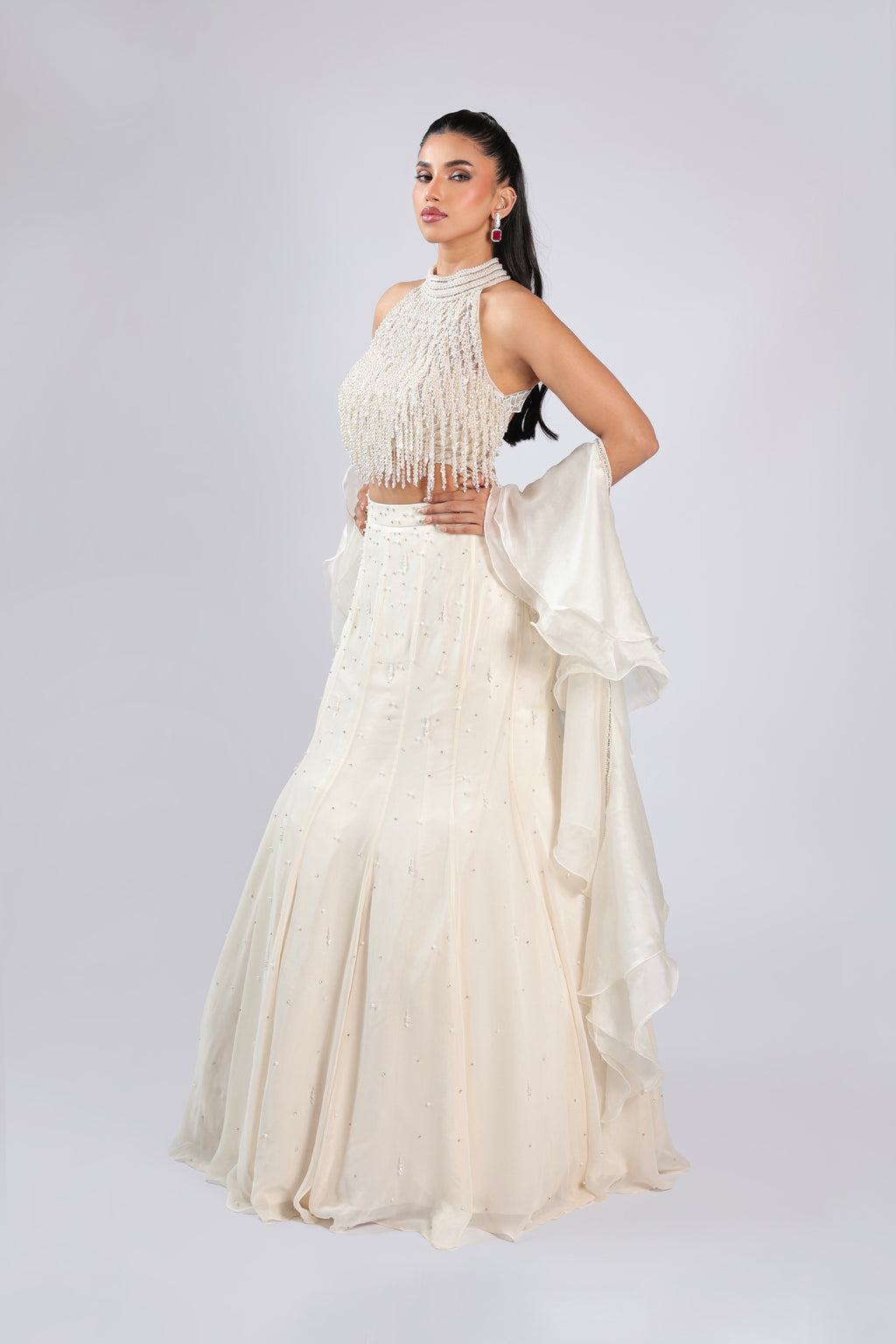 Ivory Lehenga Choli in Georgette with Pearl Work & Sequins Work