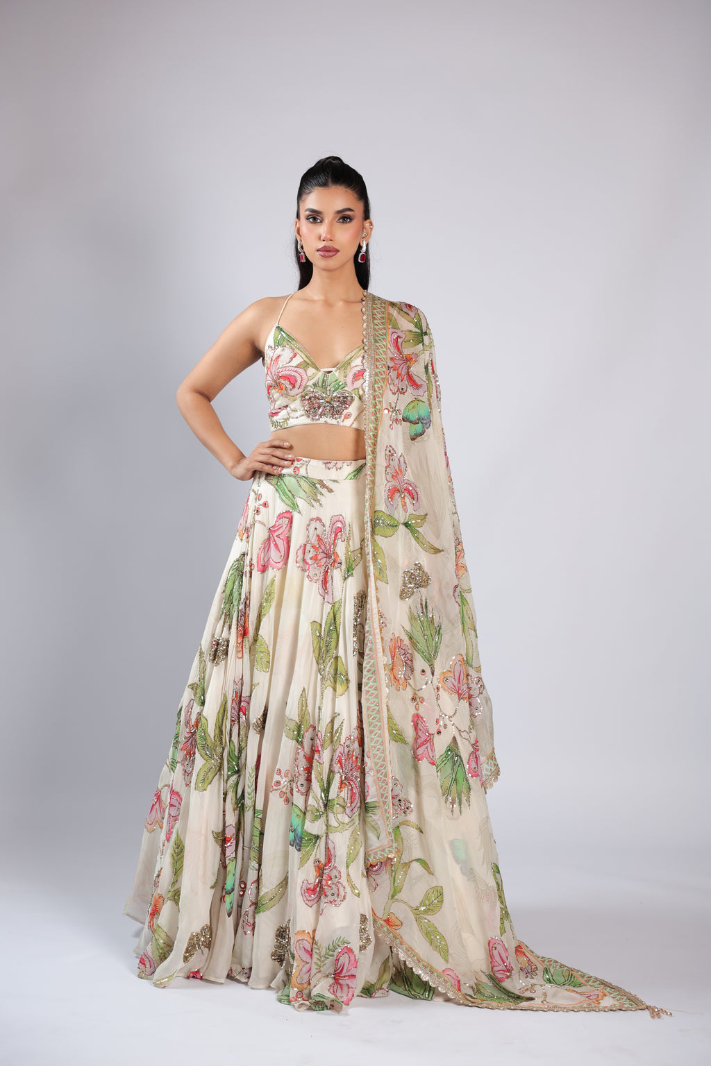 Ivory Lehenga Choli in Soft Organza with Zari & Sequins Work