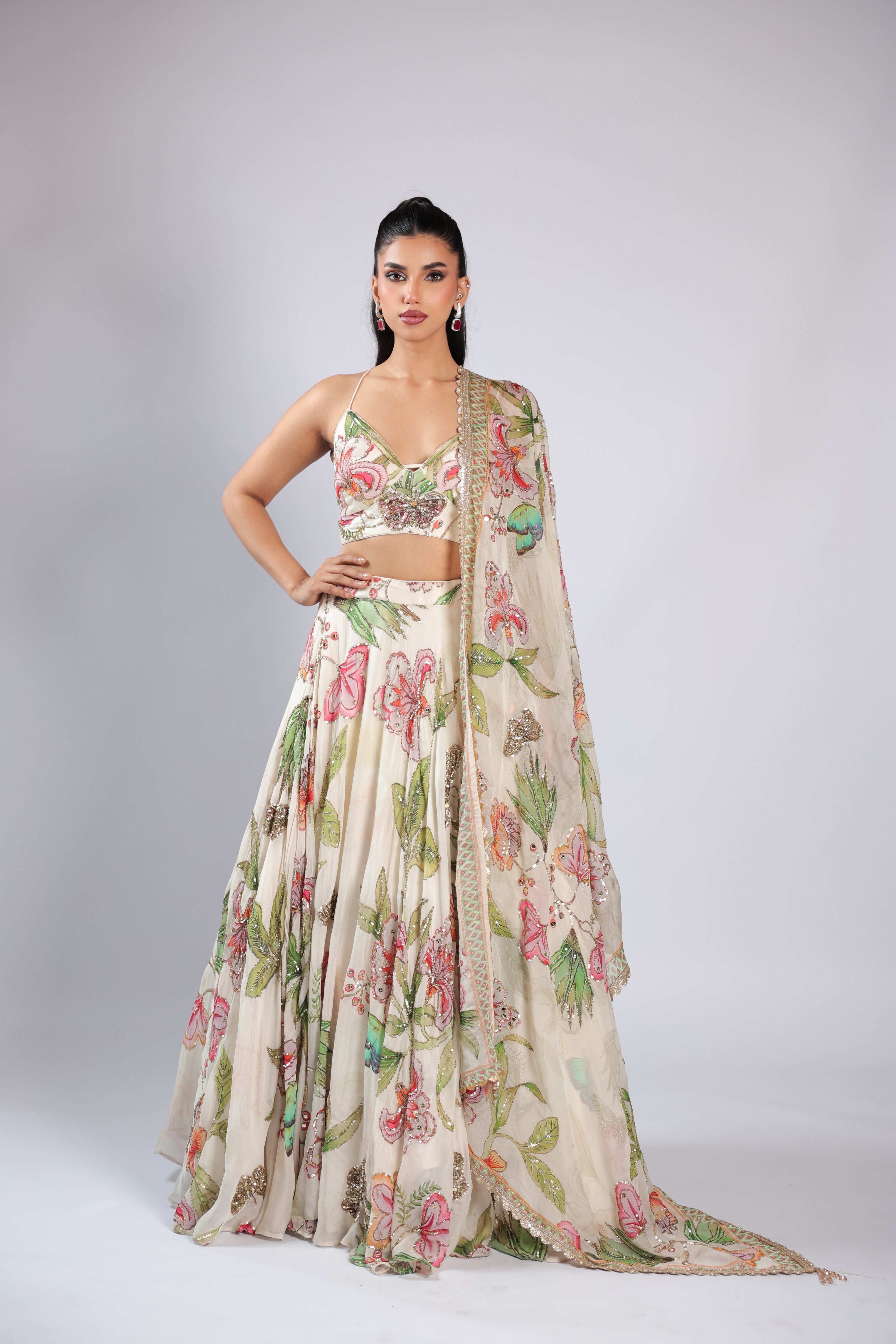 Ivory Lehenga Choli in Soft Organza with Zari & Sequins Work