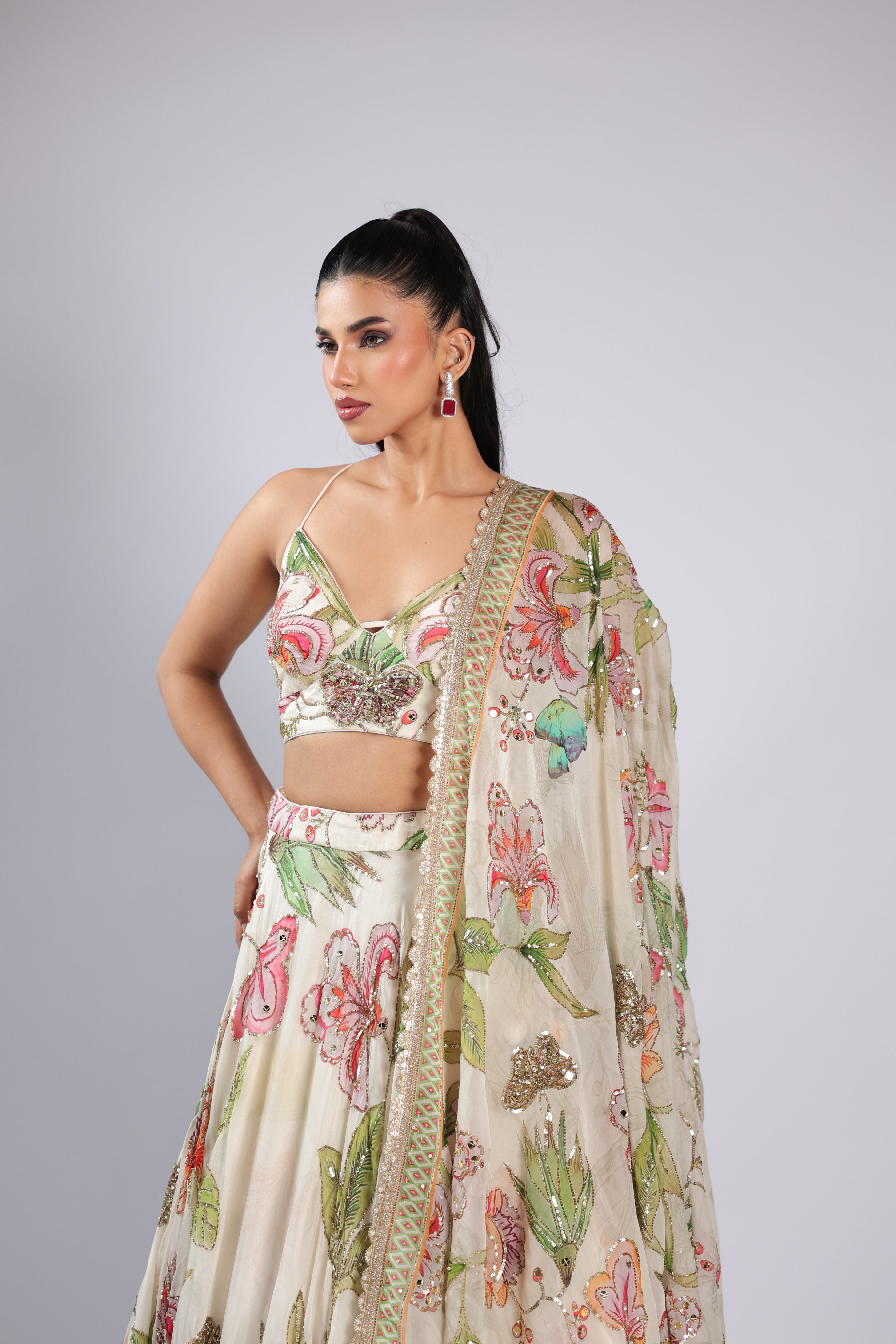 Ivory Lehenga Choli in Soft Organza with Zari & Sequins Work