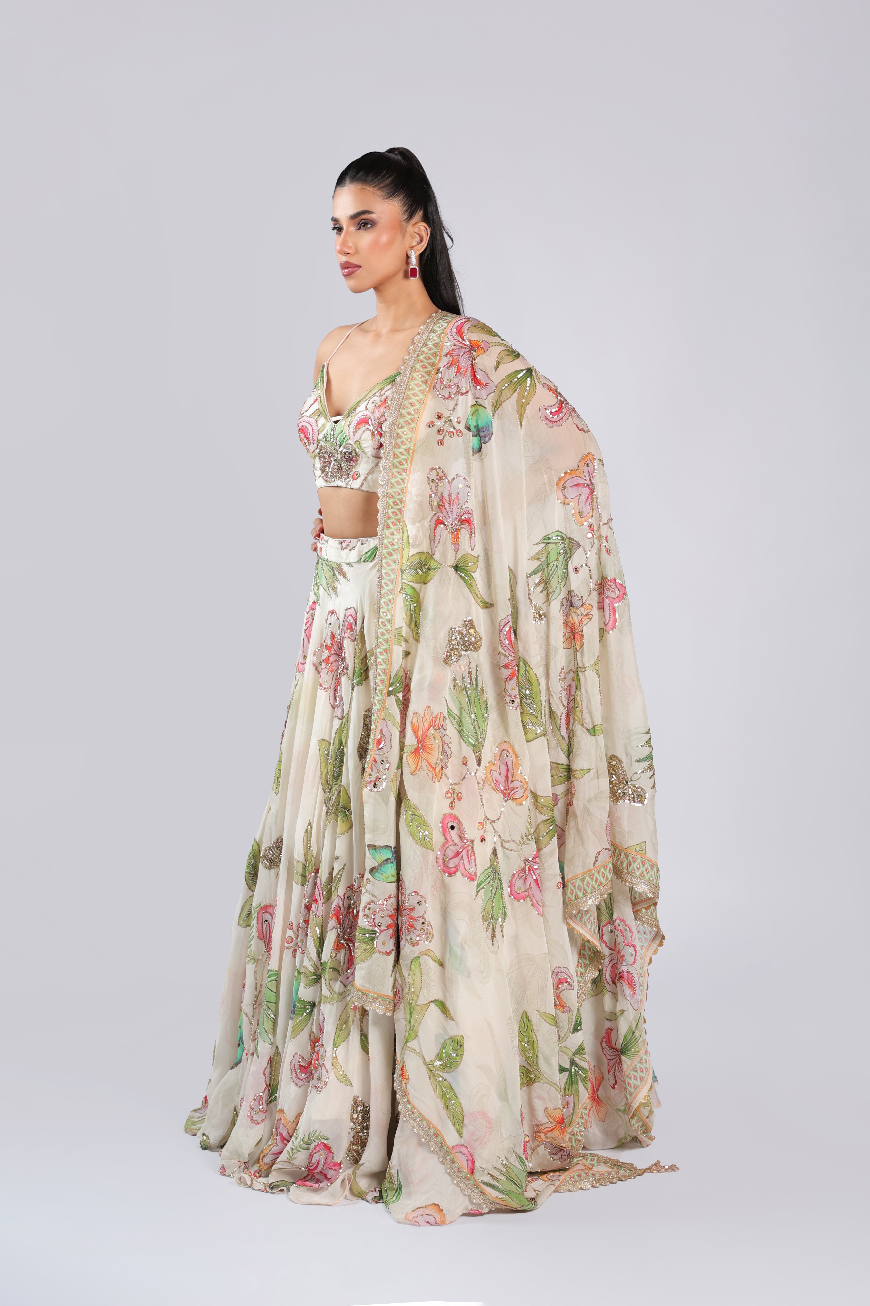 Ivory Lehenga Choli in Soft Organza with Zari & Sequins Work