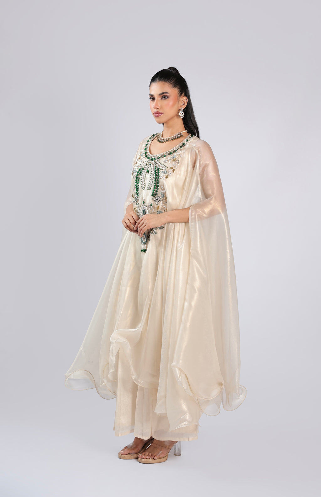 Ivory Cord Set in Organza with Pearl, Cutdana &  Emerald Beads