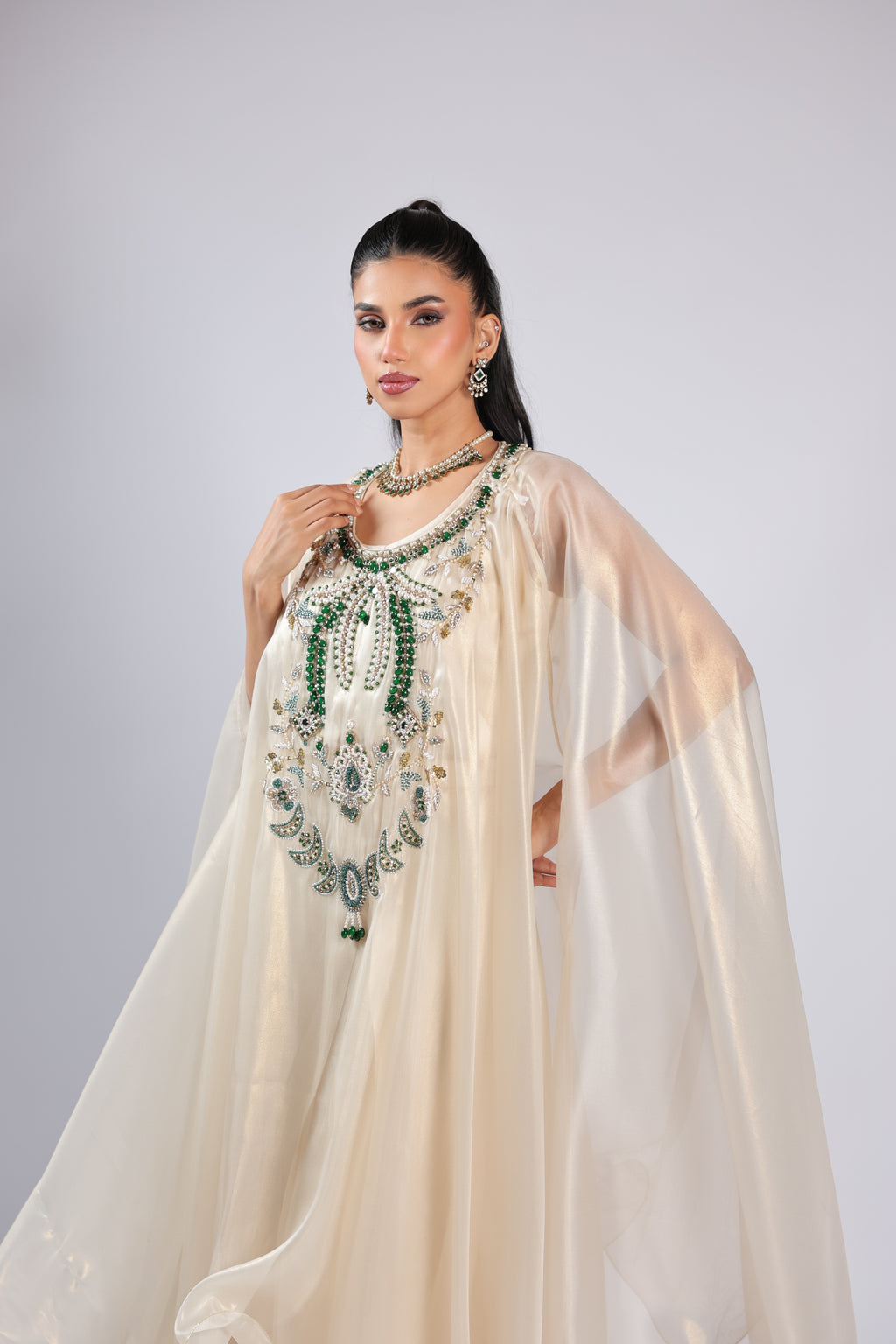 Ivory Cord Set in Organza with Pearl, Cutdana &  Emerald Beads