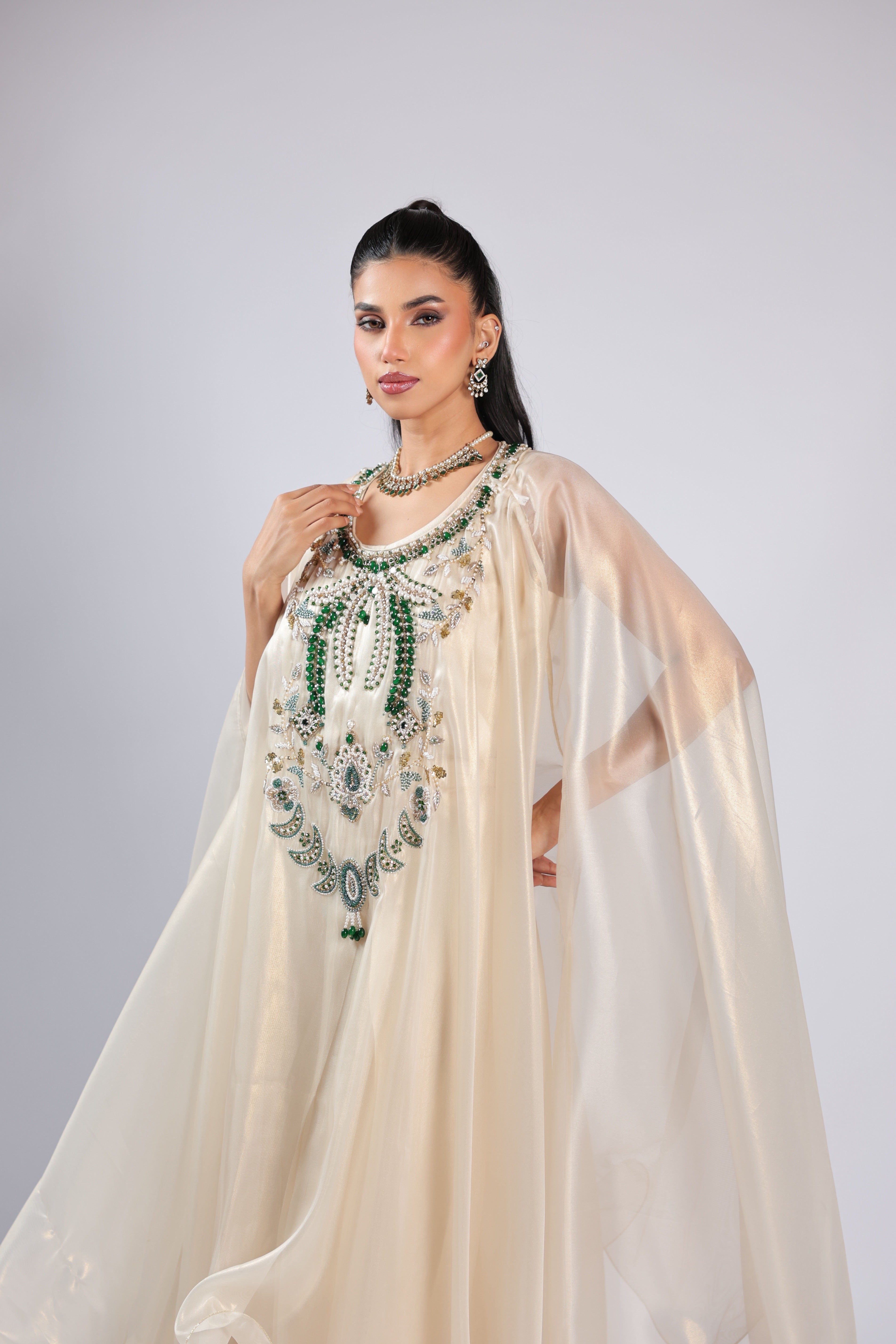 Ivory Cord Set in Organza with Pearl, Cutdana &  Emerald Beads