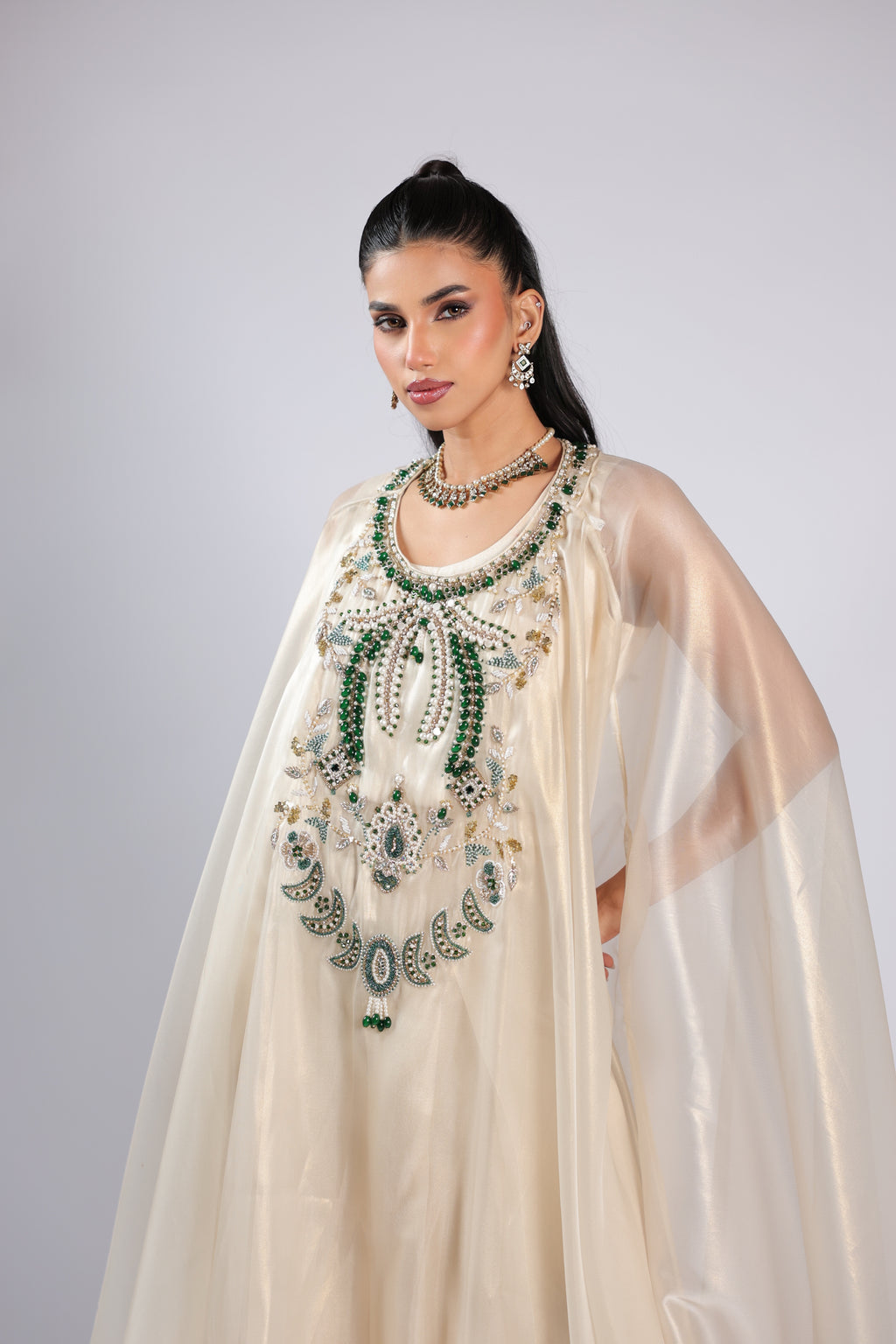 Ivory Cord Set in Organza with Pearl, Cutdana &  Emerald Beads