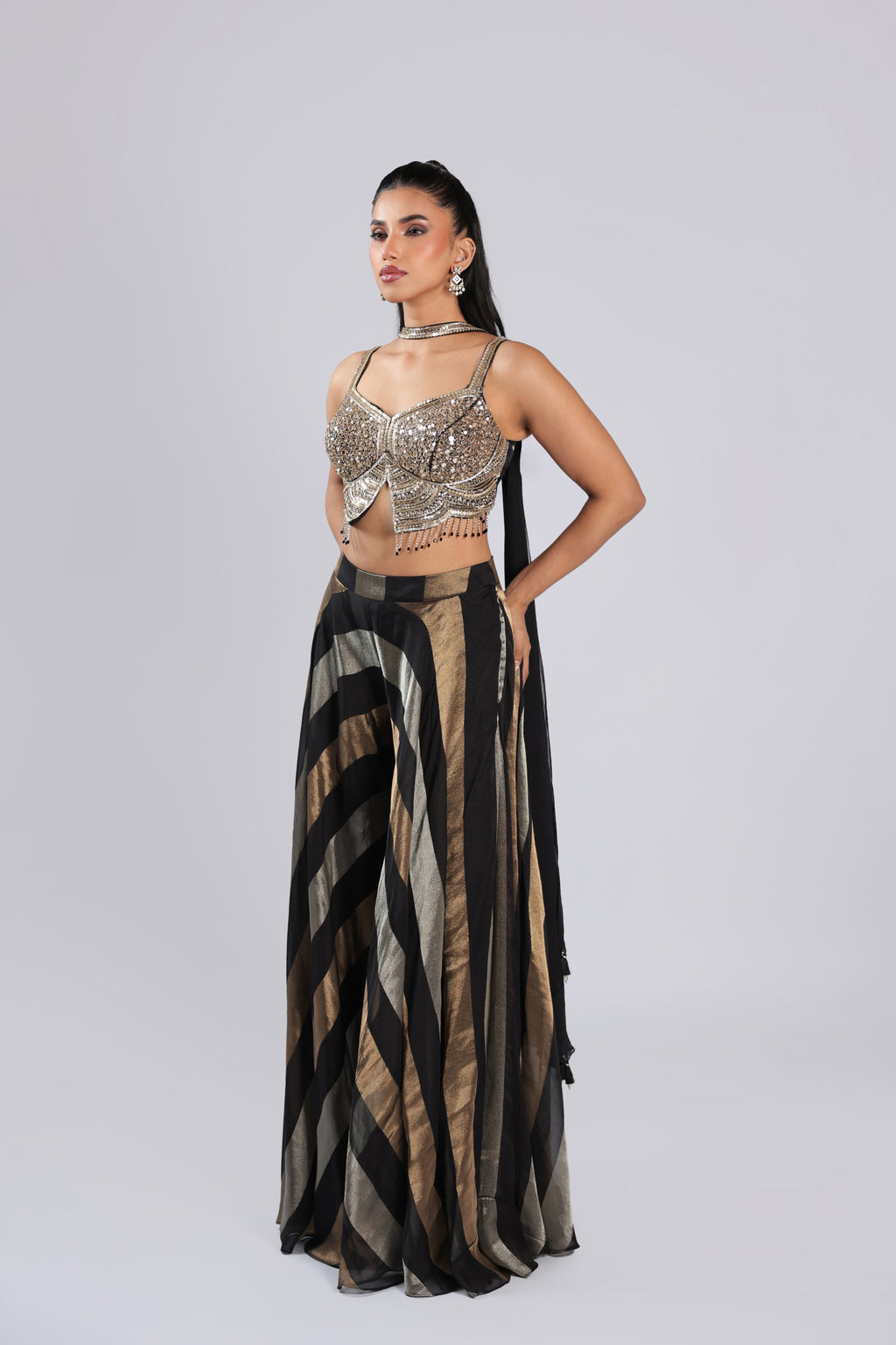 Black Rm Plazo in Georgette with Mirror, Zari & Cutdana Work