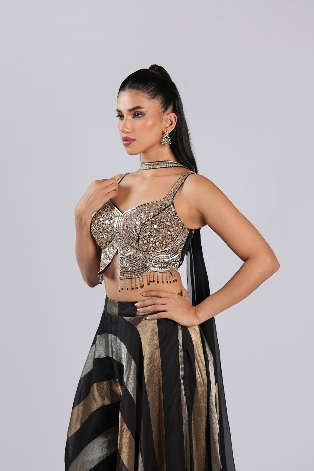 Black Rm Plazo in Georgette with Mirror, Zari & Cutdana Work