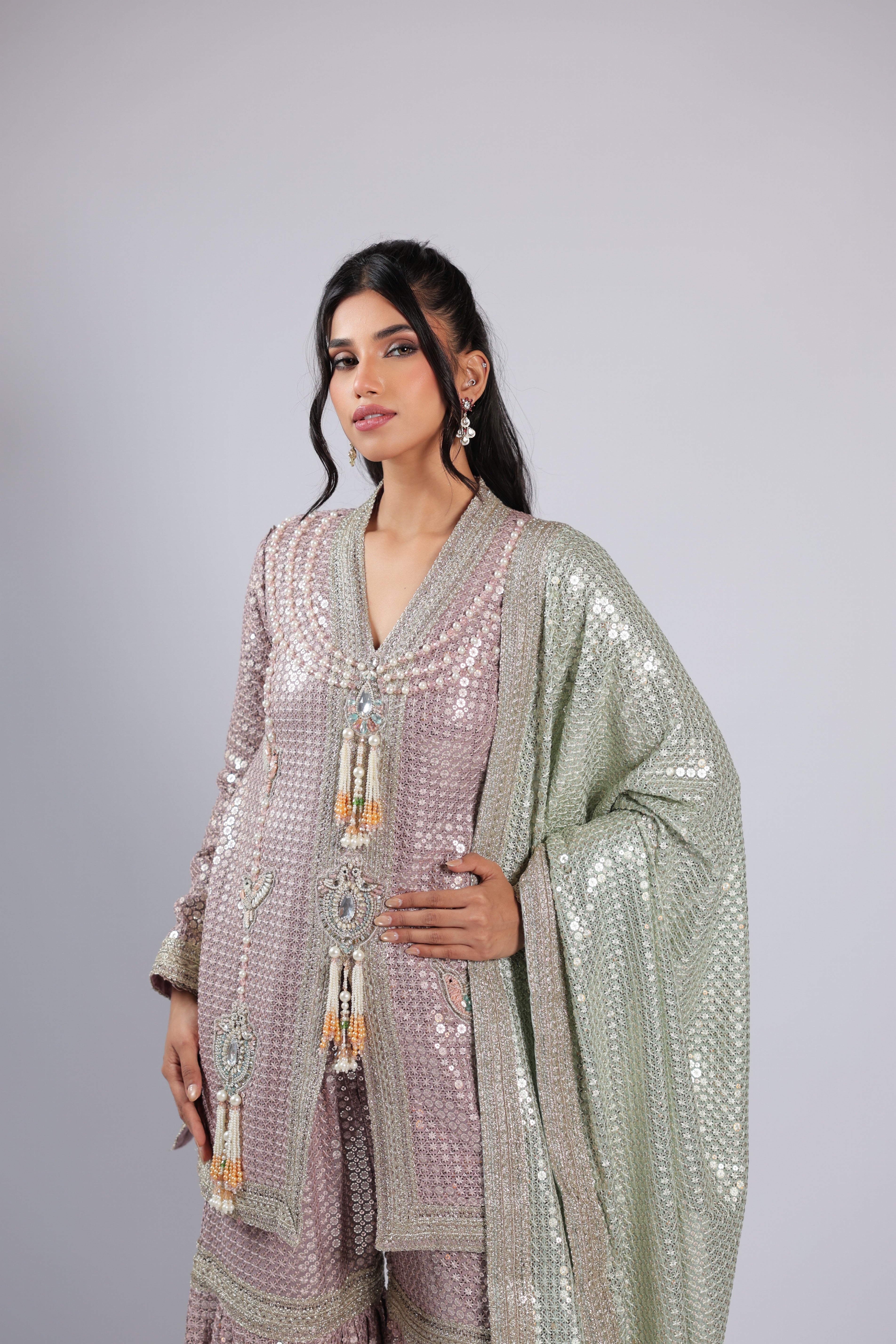 Gd Pink Rm Suit in Georgette with All Over Sequins & Fine Beats