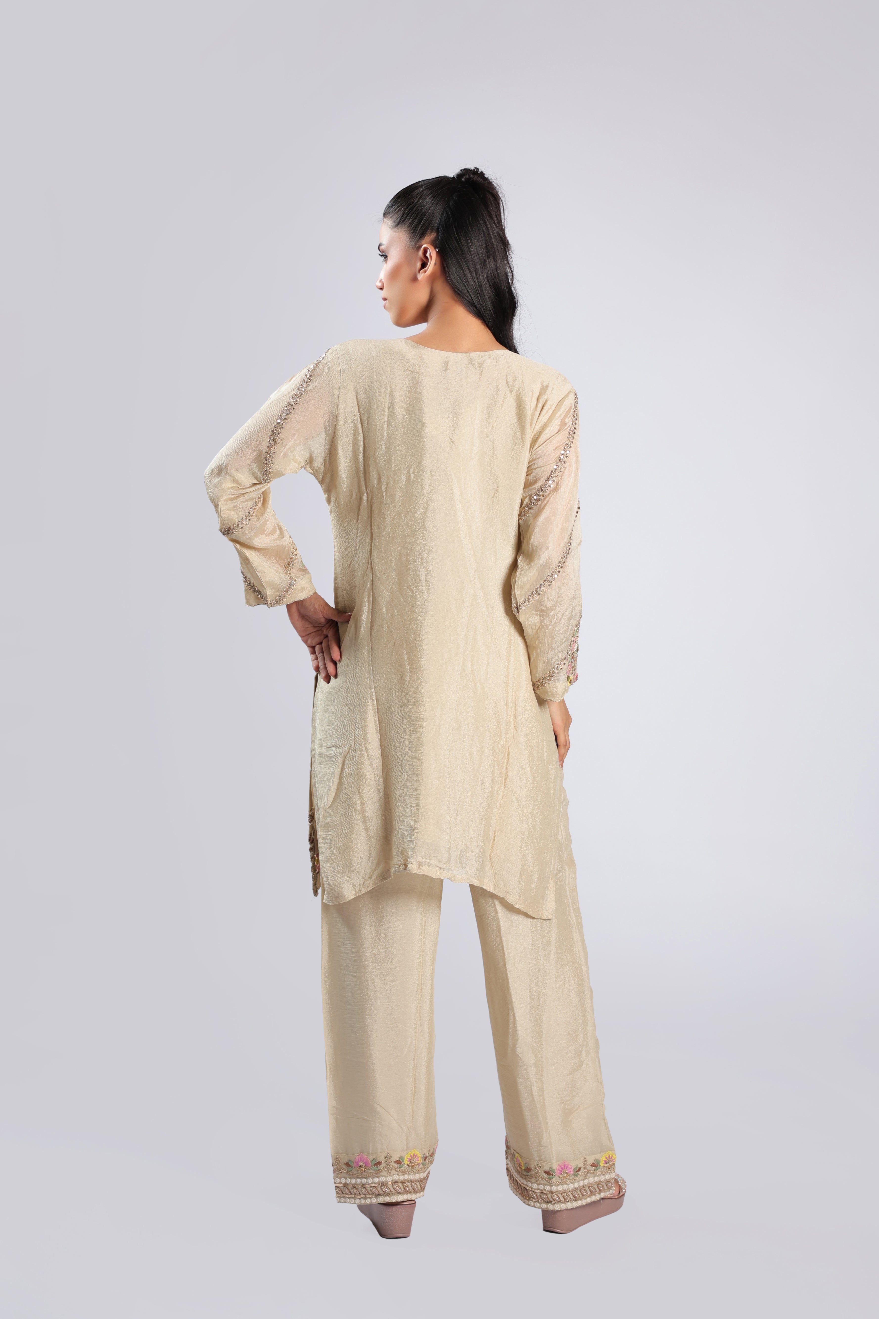 Off White Cord Set in Chinnon with Thread Embroidery & Sequins Work