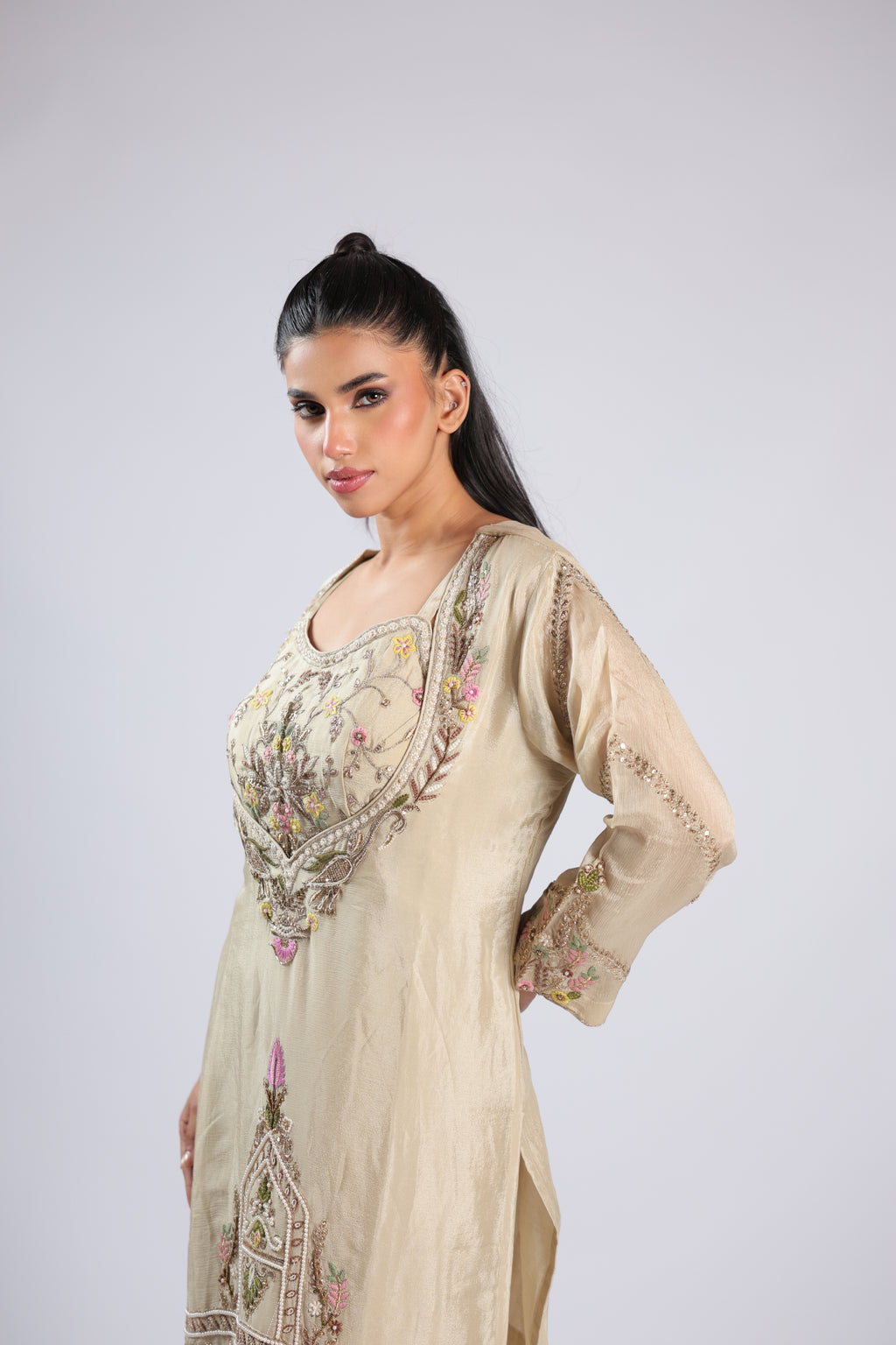 Off White Cord Set in Chinnon with Thread Embroidery & Sequins Work