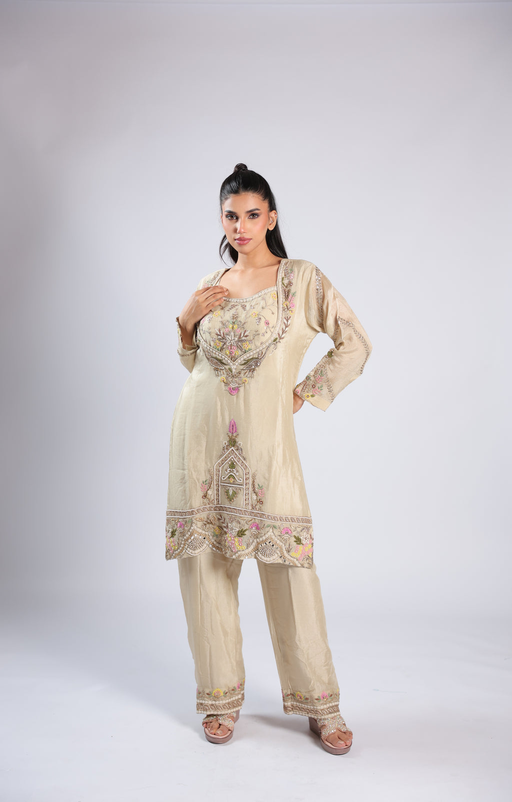 Off White Cord Set in Chinnon with Thread Embroidery & Sequins Work