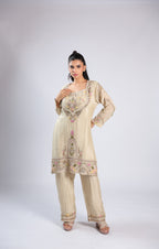 Off White Cord Set in Chinnon with Thread Embroidery & Sequins Work