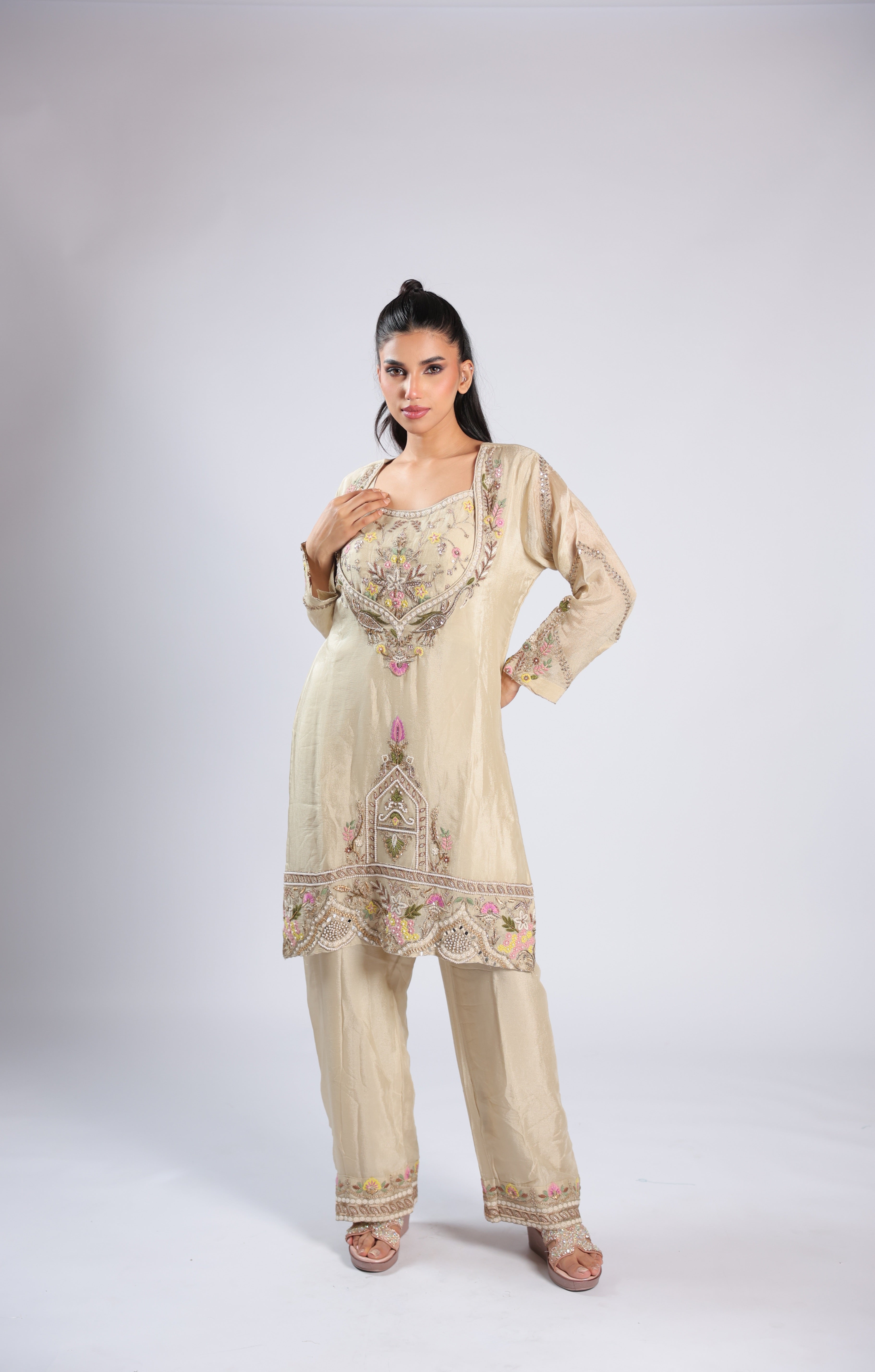 Off White Cord Set in Chinnon with Thread Embroidery & Sequins Work