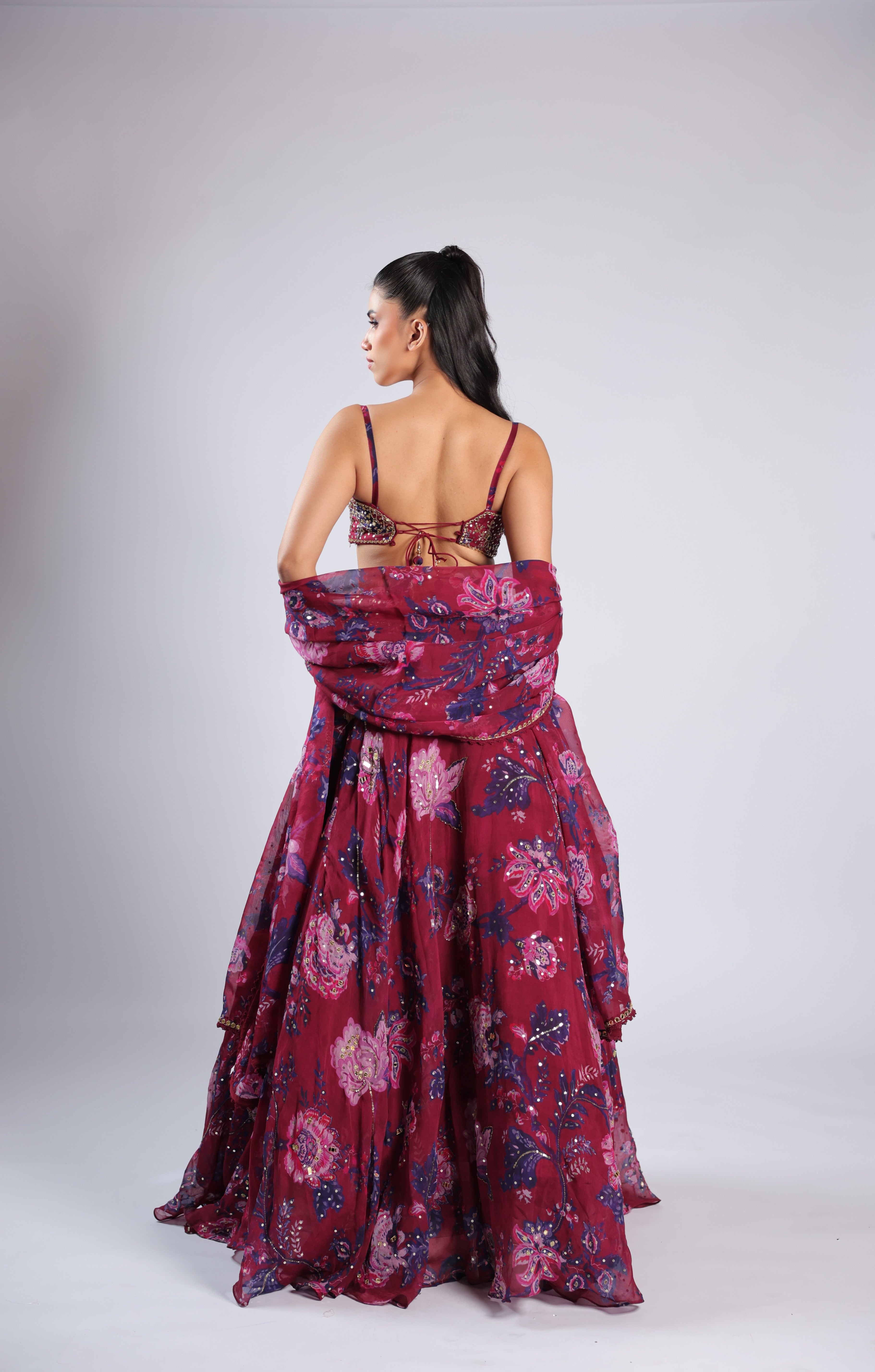 Wine Lehenga Choli in Organza with Sequins & Cutdana Work