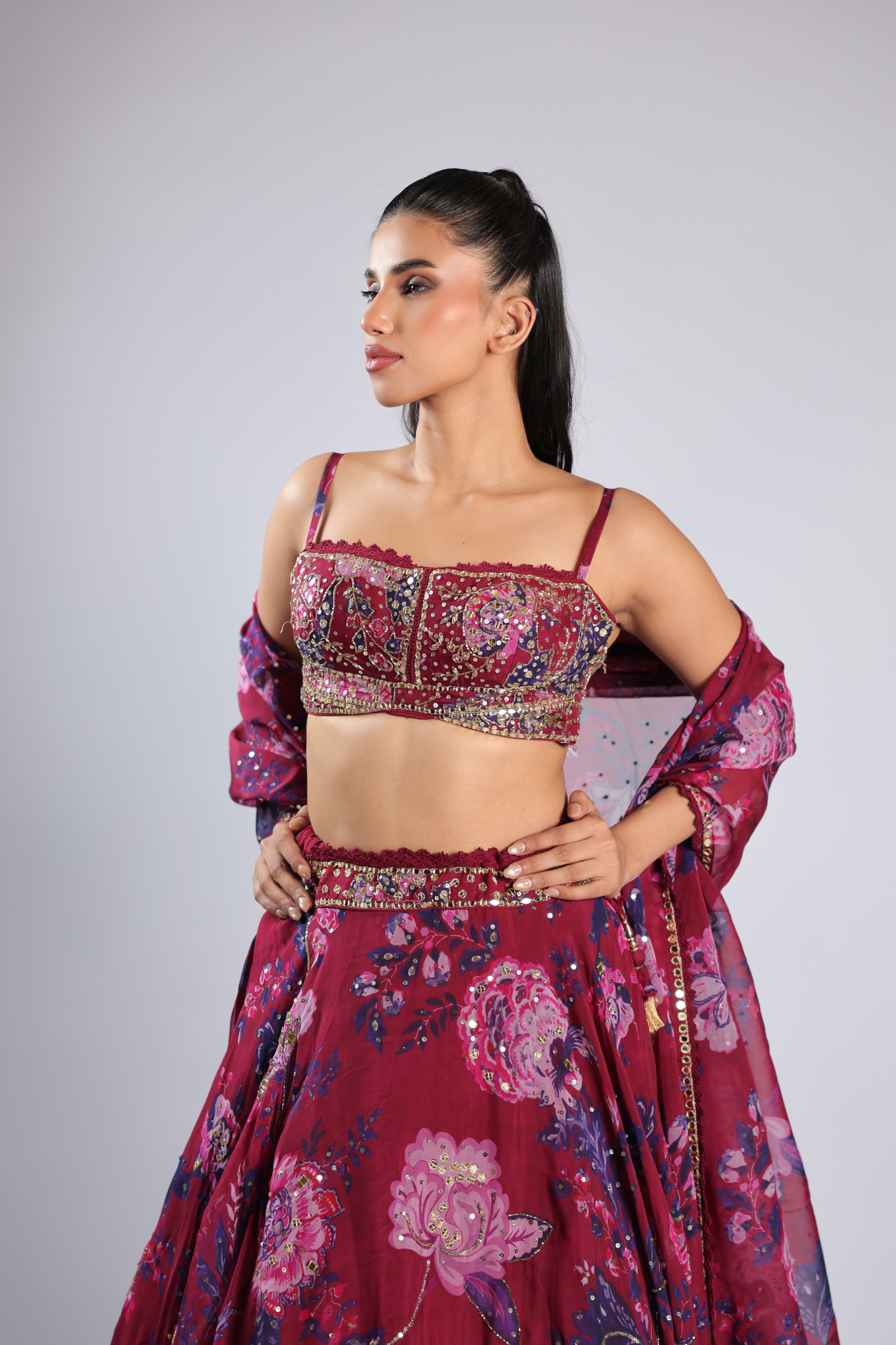 Wine Lehenga Choli in Organza with Sequins & Cutdana Work