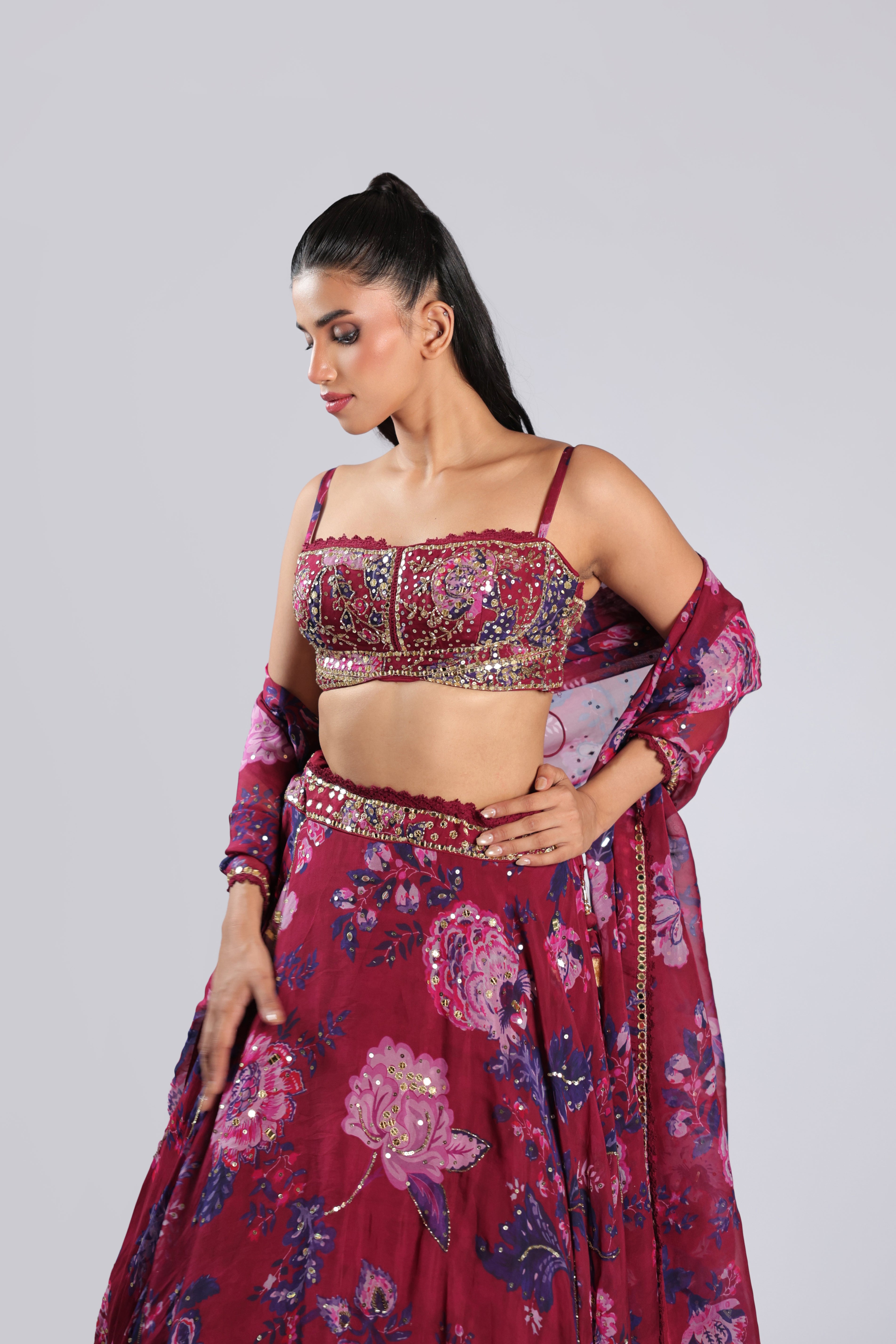 Wine Lehenga Choli in Organza with Sequins & Cutdana Work