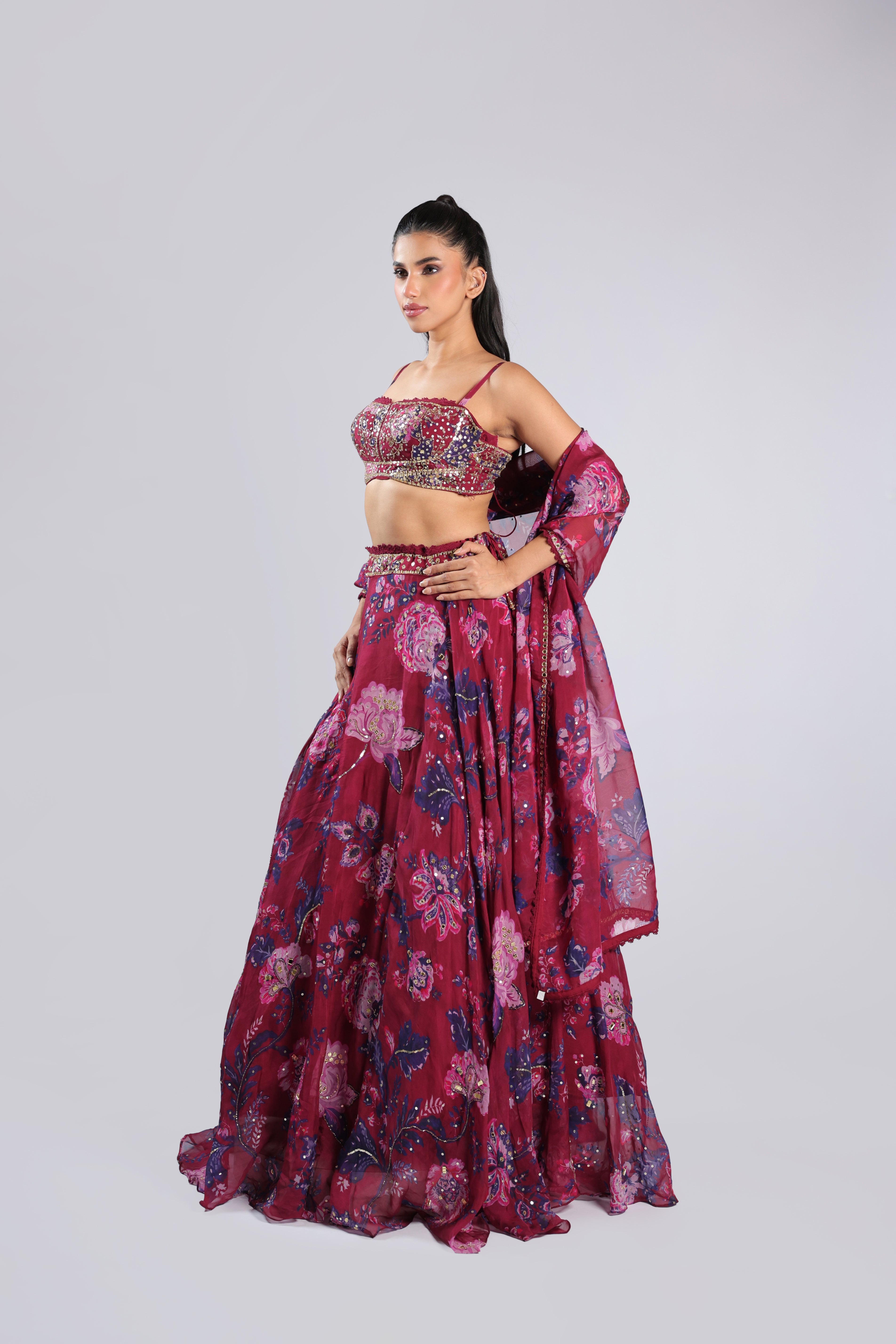 Wine Lehenga Choli in Organza with Sequins & Cutdana Work