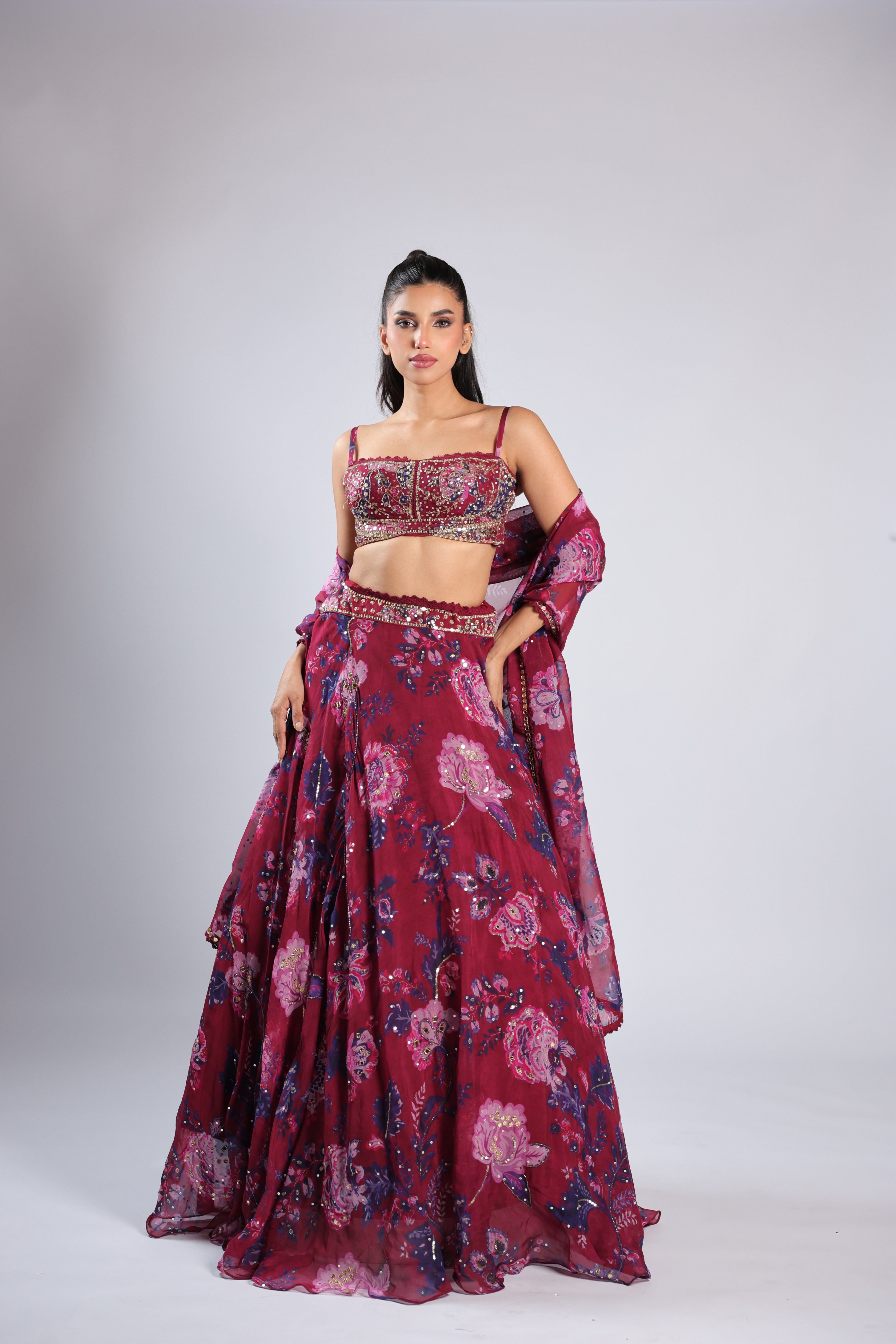 Wine Lehenga Choli in Organza with Sequins & Cutdana Work
