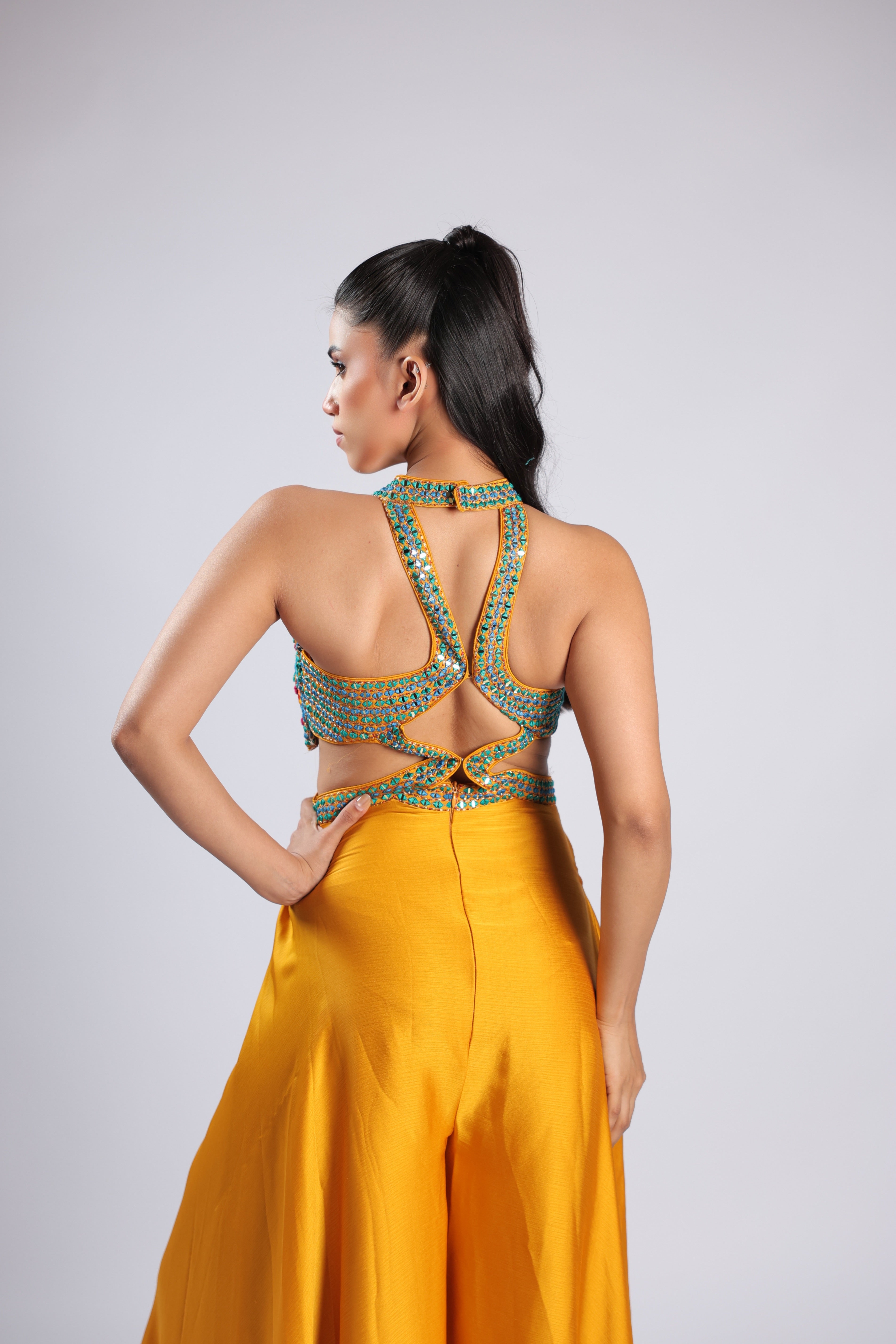 Yellow Jumpsuit in Crepe with Thread  & Mirror Work