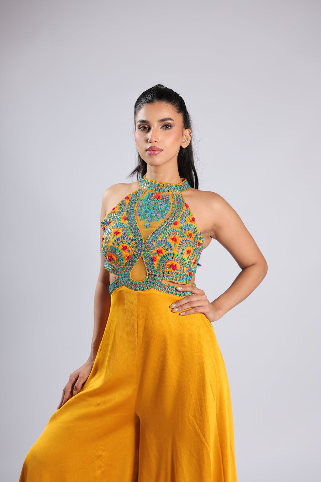 Yellow Jumpsuit in Crepe with Thread  & Mirror Work