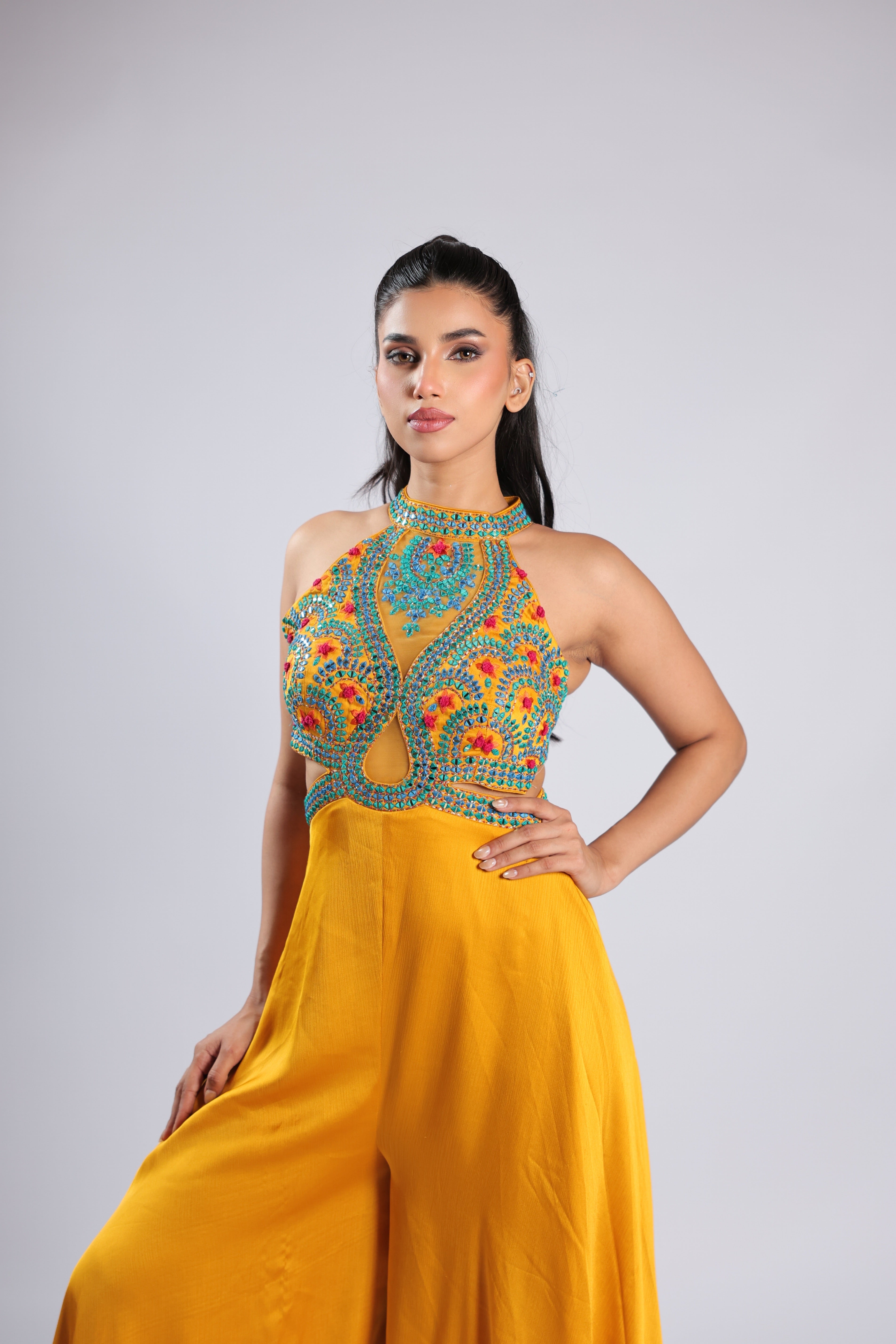Yellow Jumpsuit in Crepe with Thread  & Mirror Work