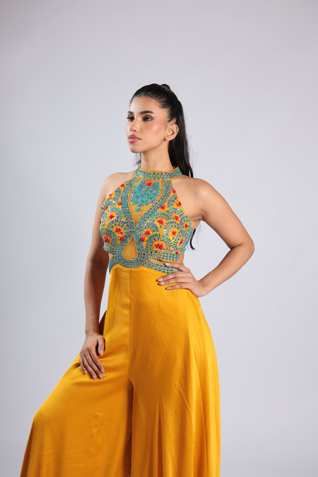 Yellow Jumpsuit in Crepe with Thread  & Mirror Work