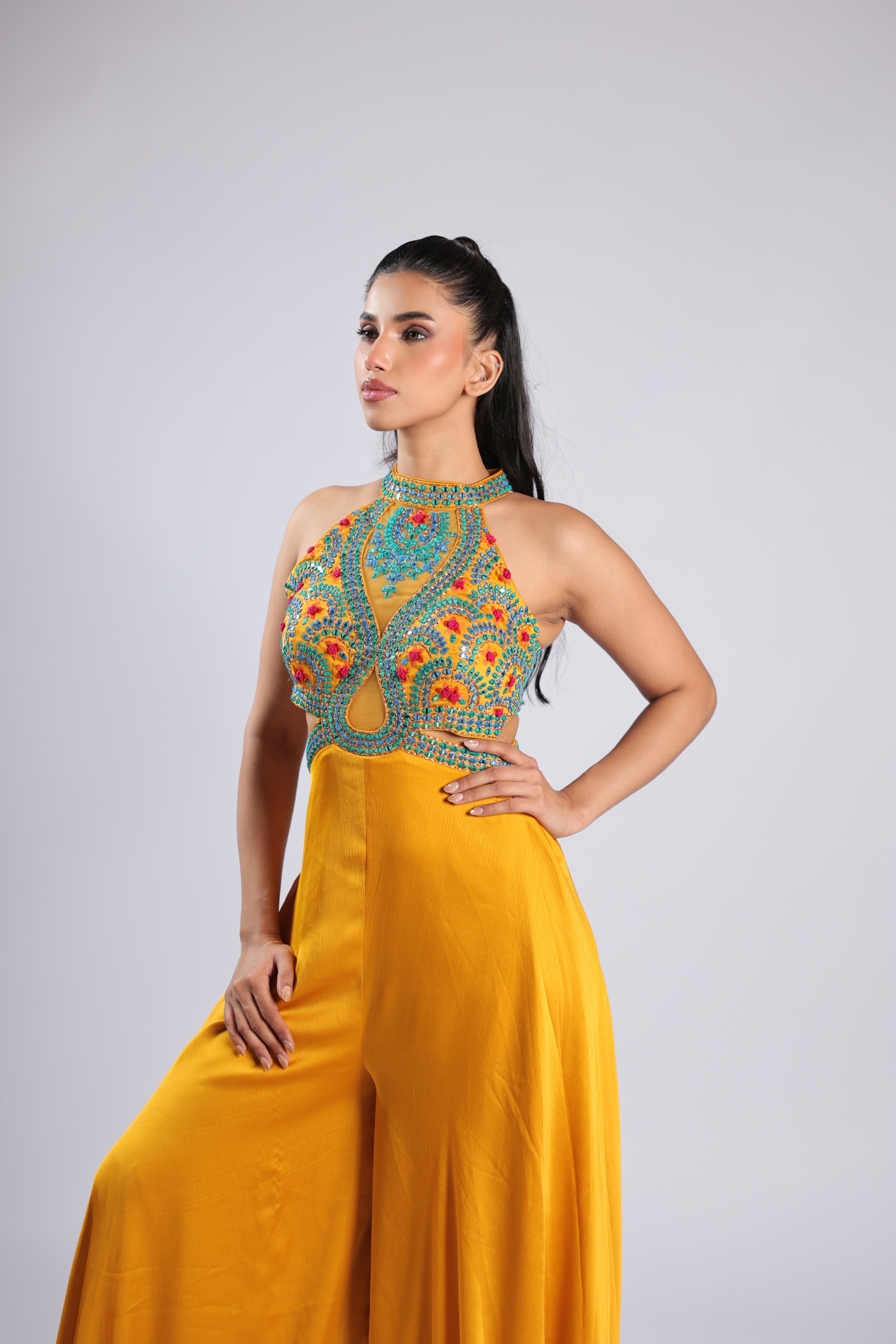 Yellow Jumpsuit in Crepe with Thread  & Mirror Work