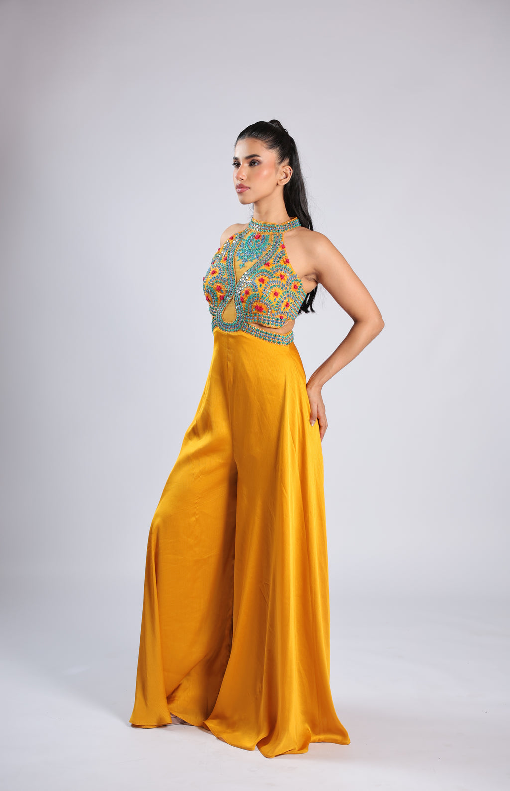 Yellow Jumpsuit in Crepe with Thread  & Mirror Work