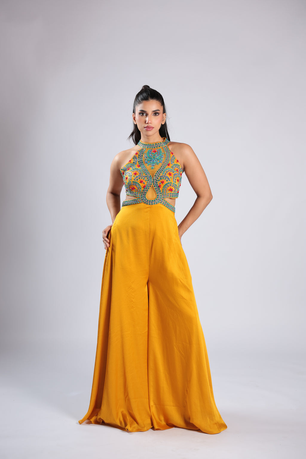 Yellow Jumpsuit in Crepe with Thread  & Mirror Work