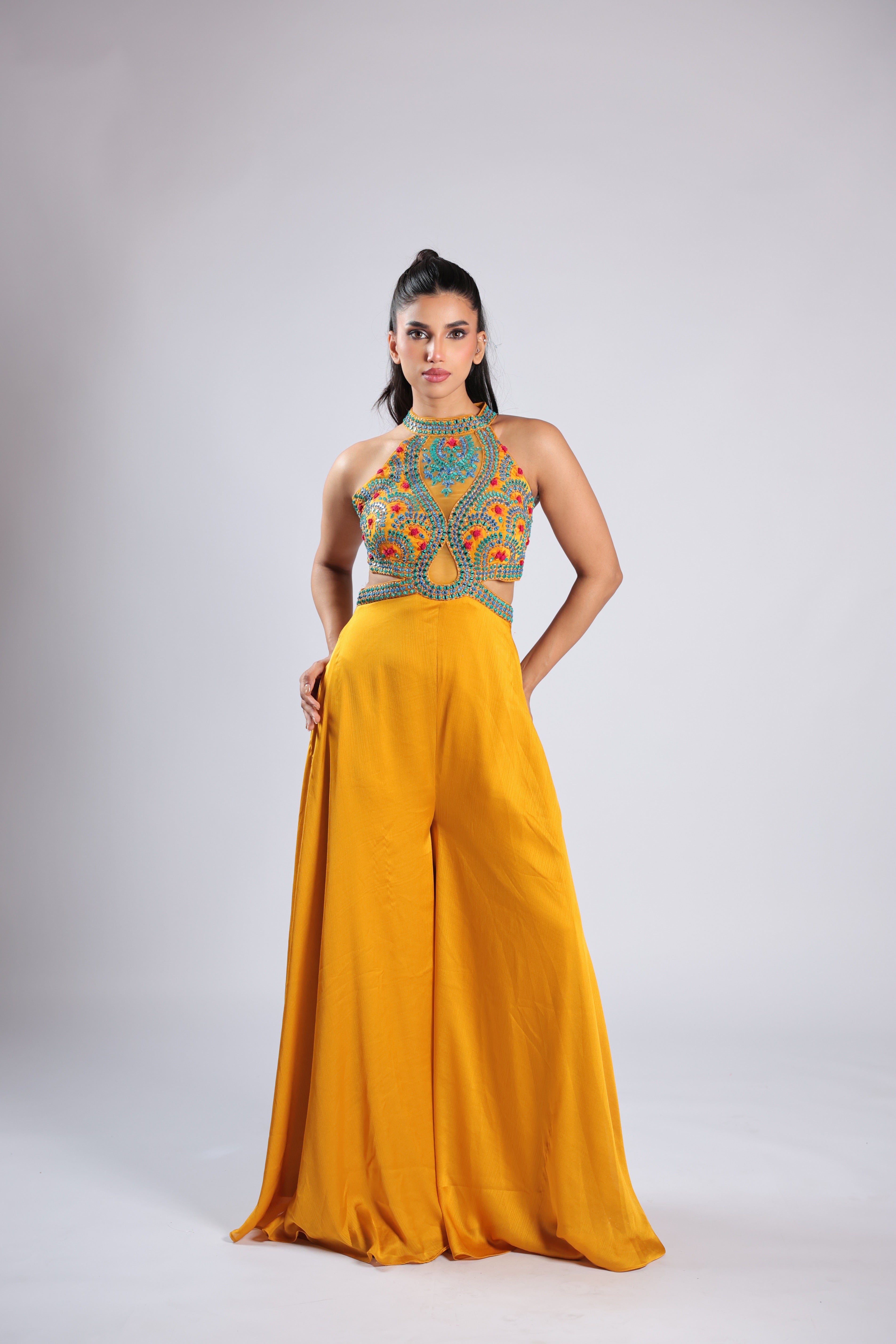 Yellow Jumpsuit in Crepe with Thread  & Mirror Work