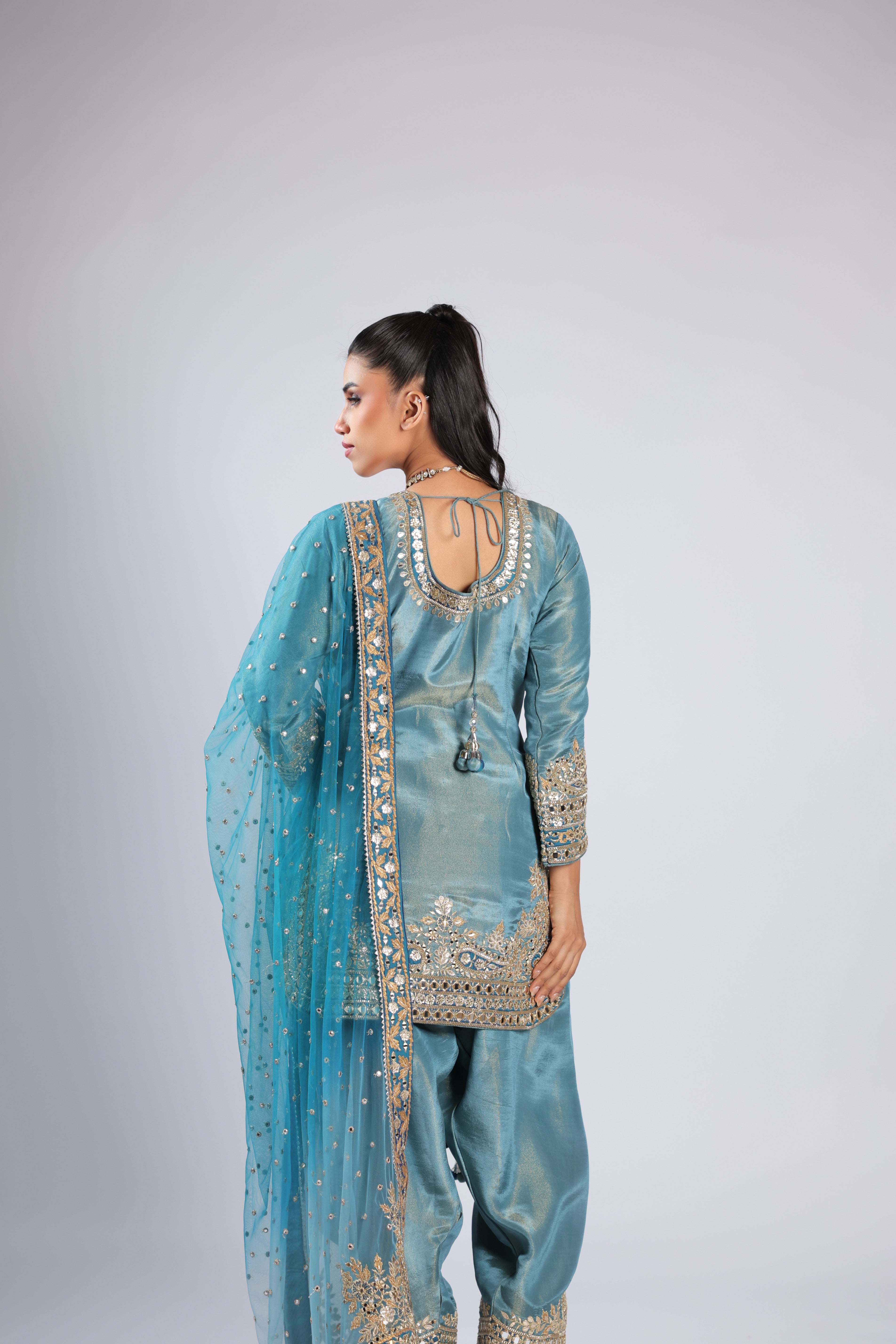 Blue Rm Suit in Tissue Silk with Zari, Sequins & Mirror Work