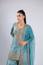 Blue Rm Suit in Tissue Silk with Zari, Sequins & Mirror Work
