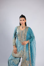 Blue Rm Suit in Tissue Silk with Zari, Sequins & Mirror Work