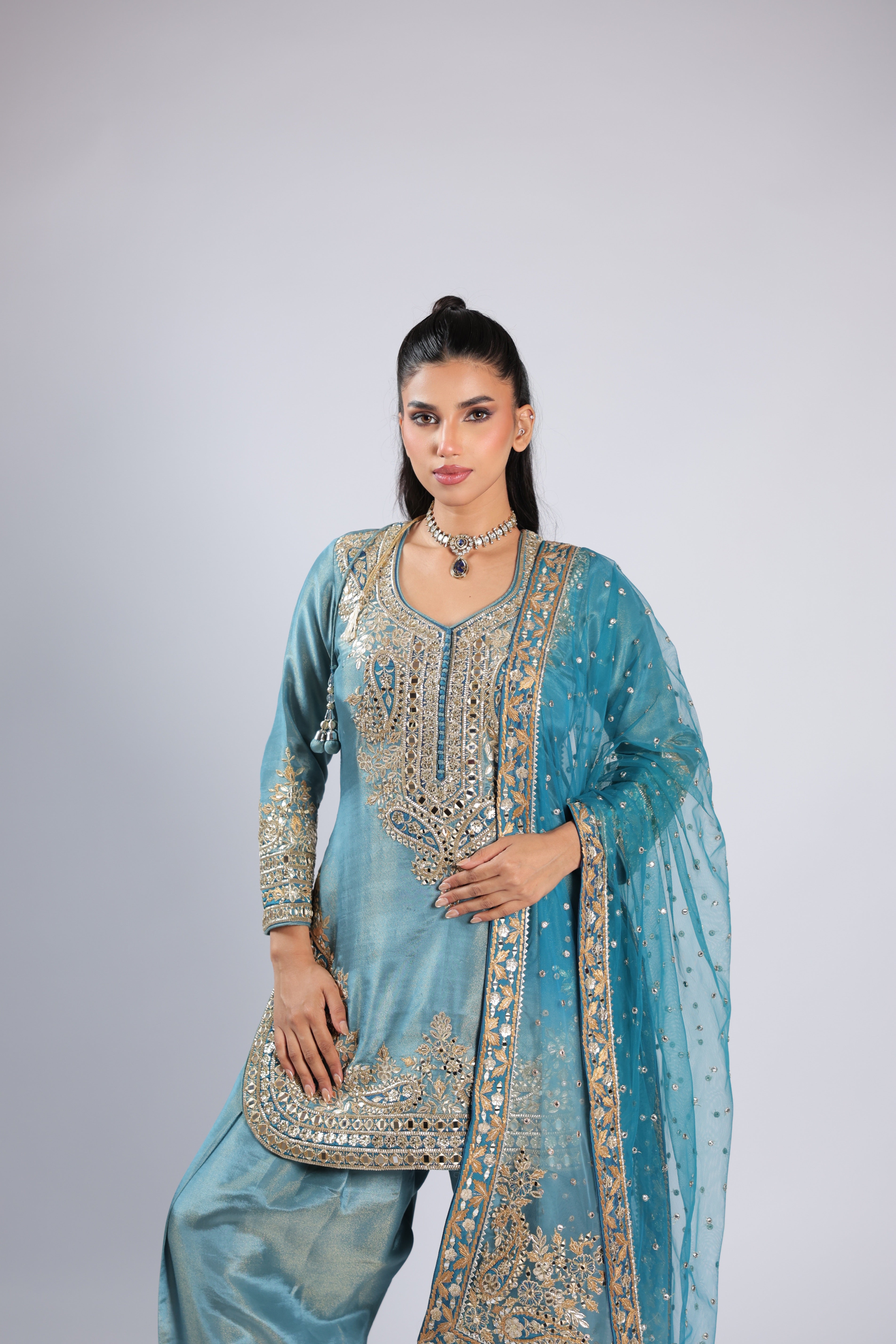 Blue Rm Suit in Tissue Silk with Zari, Sequins & Mirror Work