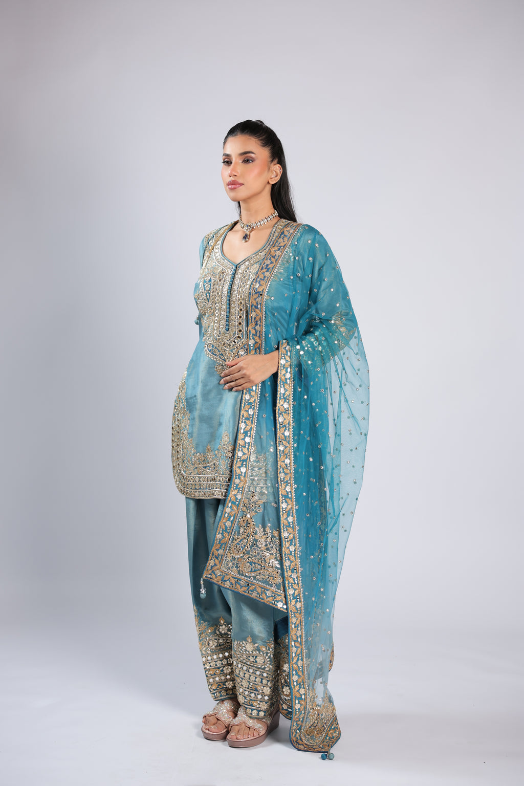 Blue Rm Suit in Tissue Silk with Zari, Sequins & Mirror Work