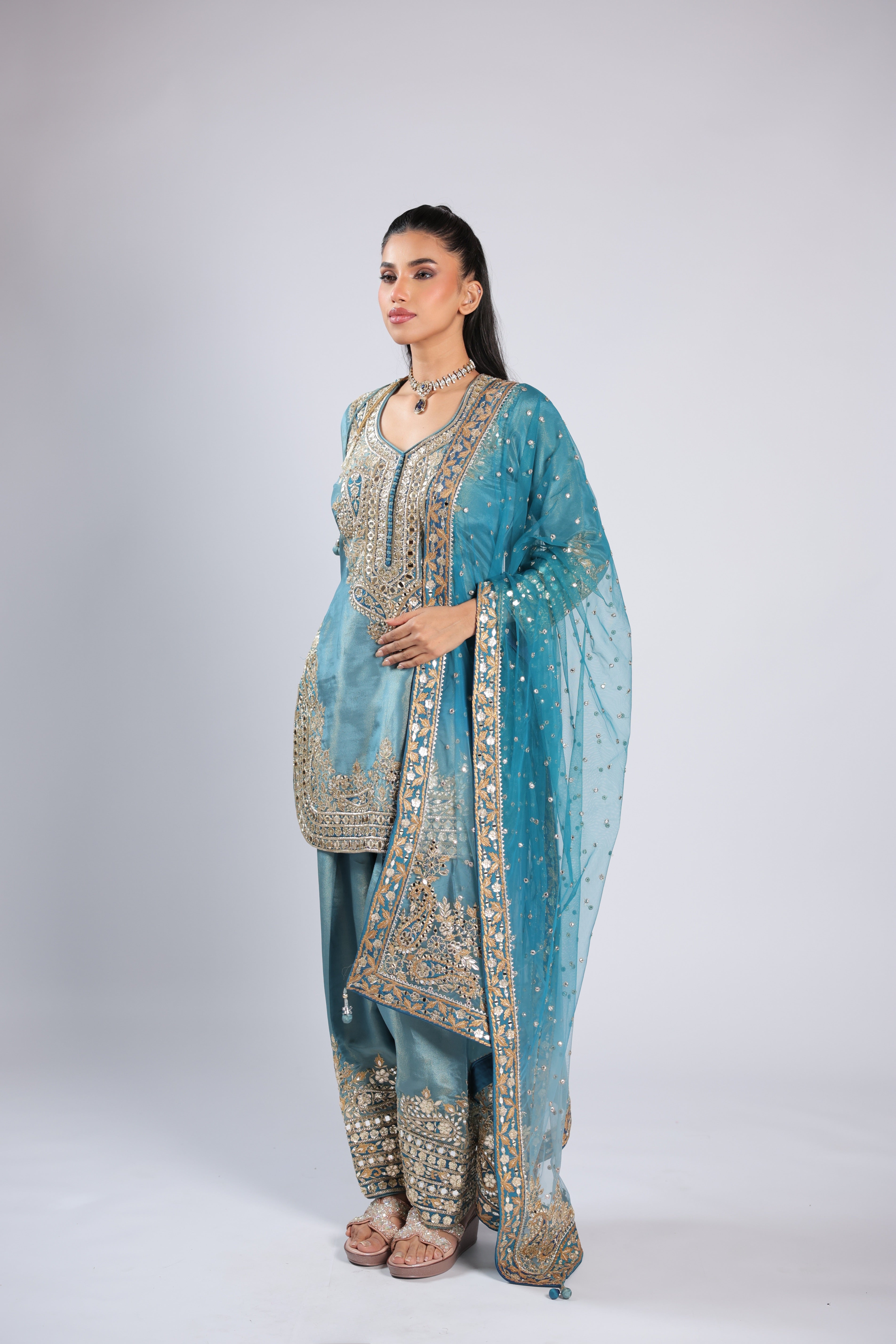 Blue Rm Suit in Tissue Silk with Zari, Sequins & Mirror Work