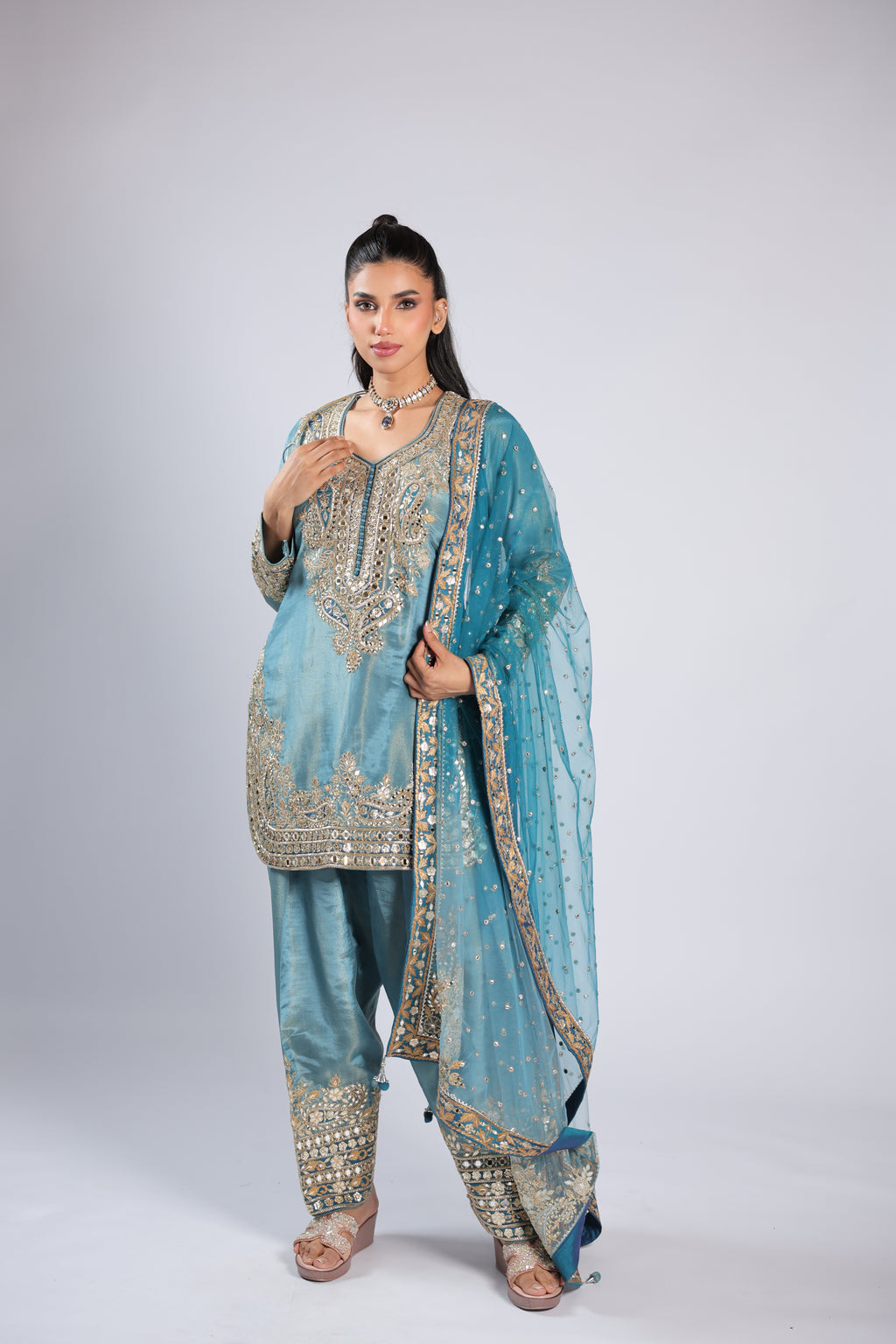 Blue Rm Suit in Tissue Silk with Zari, Sequins & Mirror Work