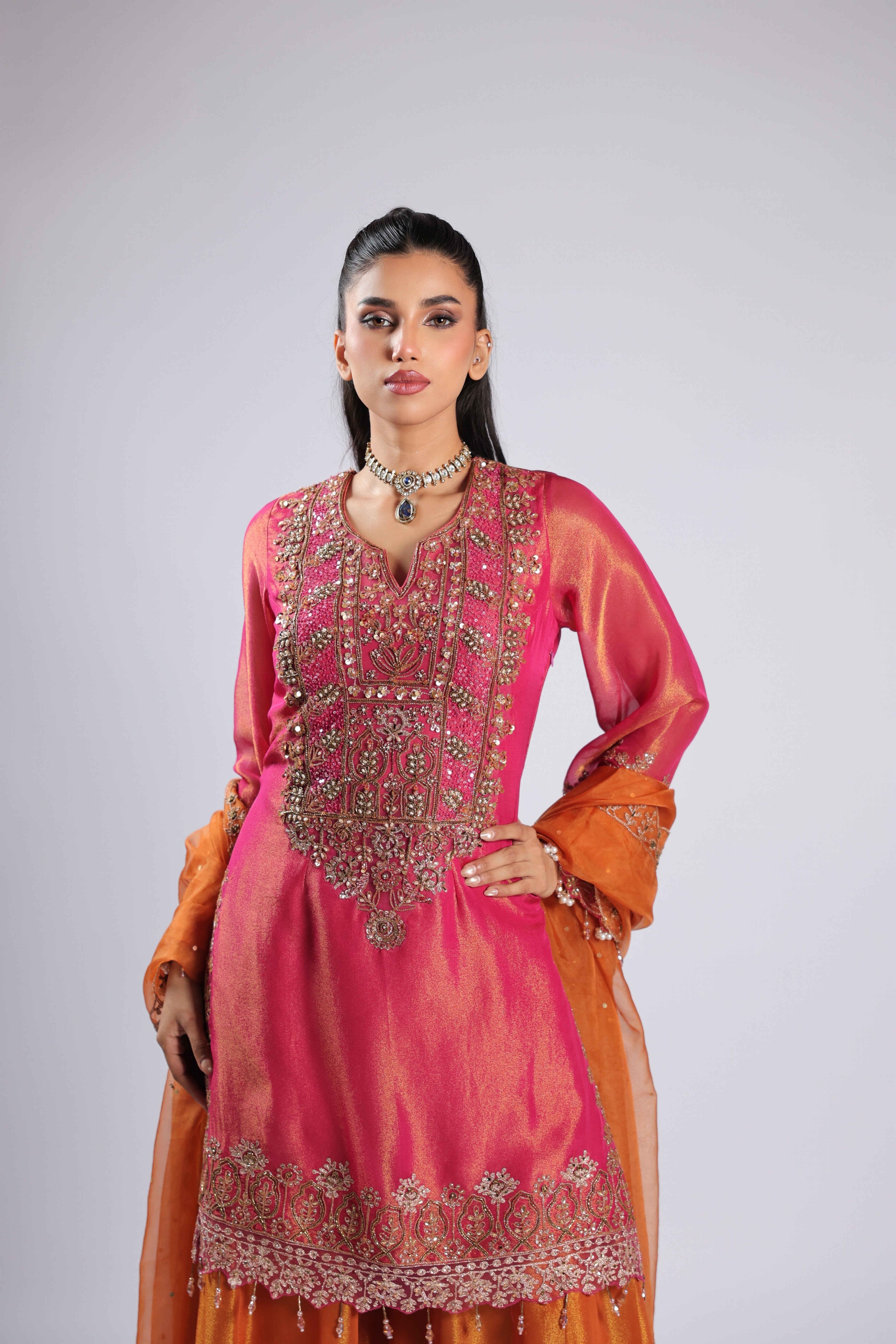 Hot Pink Rm Kurti in Tafta Silk with Zari ,Sequins  &  Zardozi Work