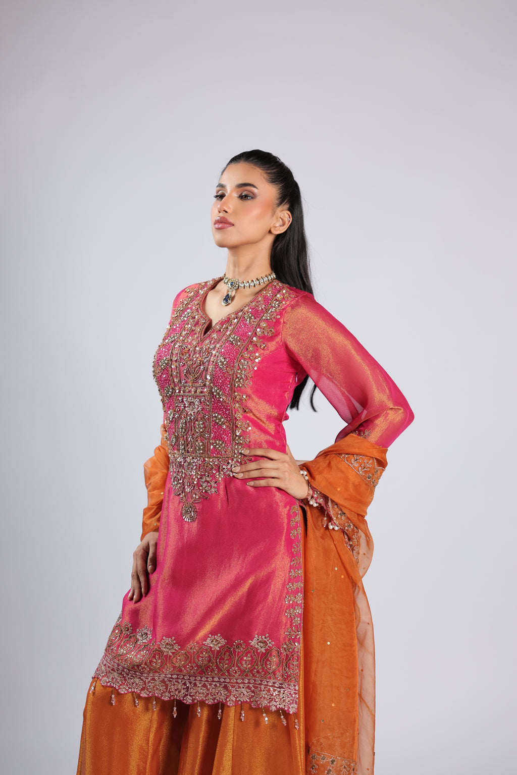 Hot Pink Rm Kurti in Tafta Silk with Zari ,Sequins  &  Zardozi Work