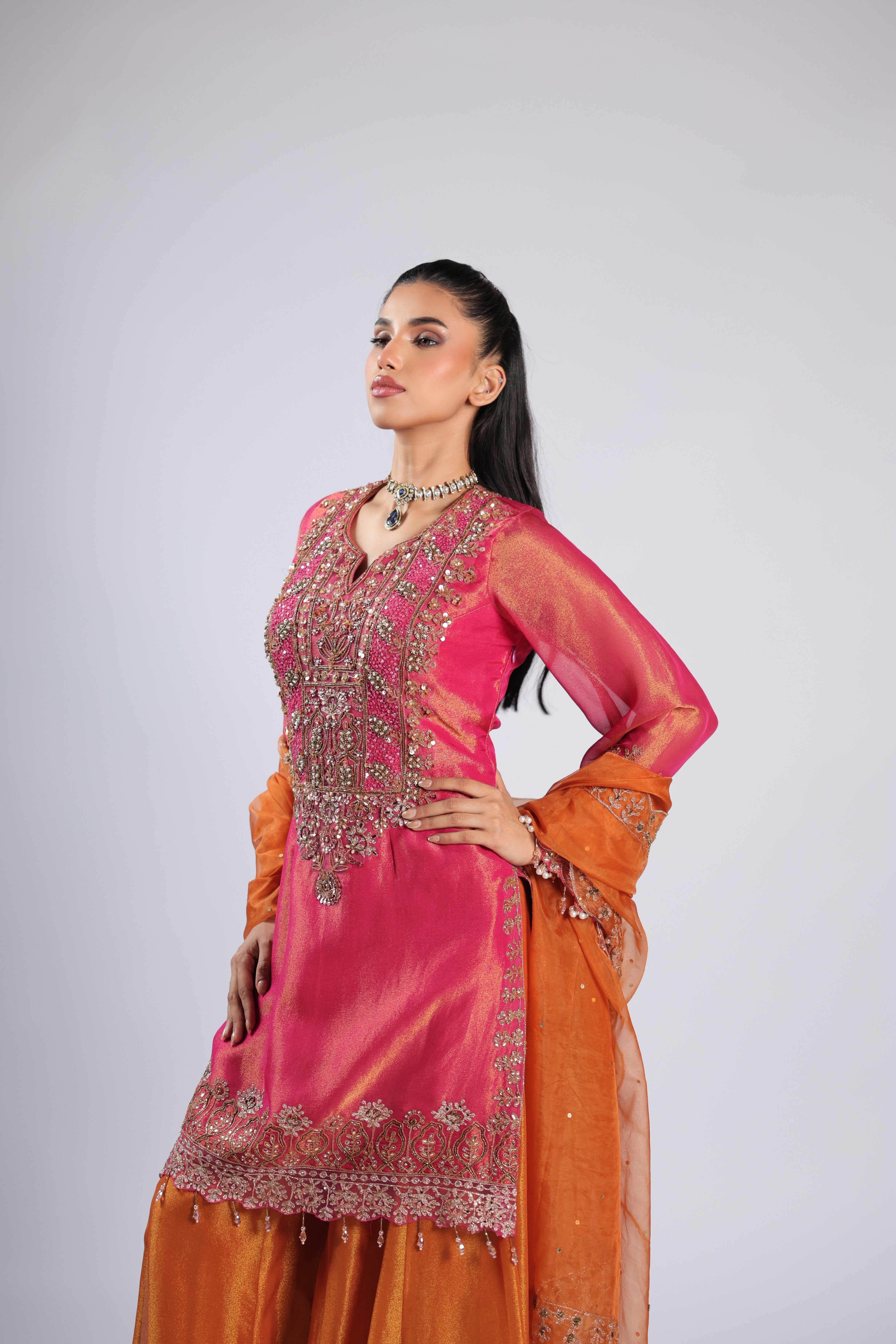 Hot Pink Rm Kurti in Tafta Silk with Zari ,Sequins  &  Zardozi Work